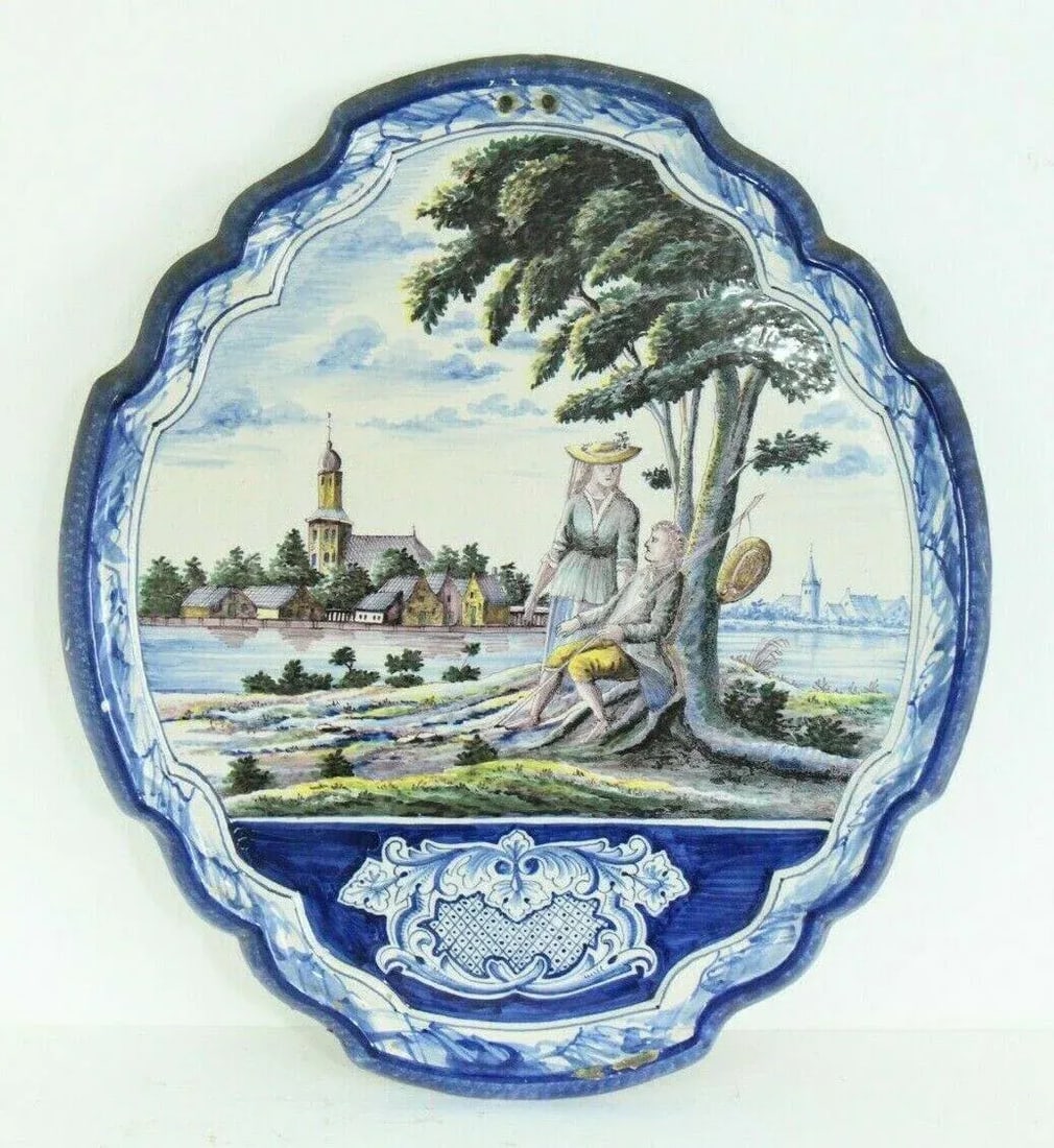 18th Century Dutch Delft Polychrome Faience Plaques Romantic Scene & Children - Set of 2 - 2