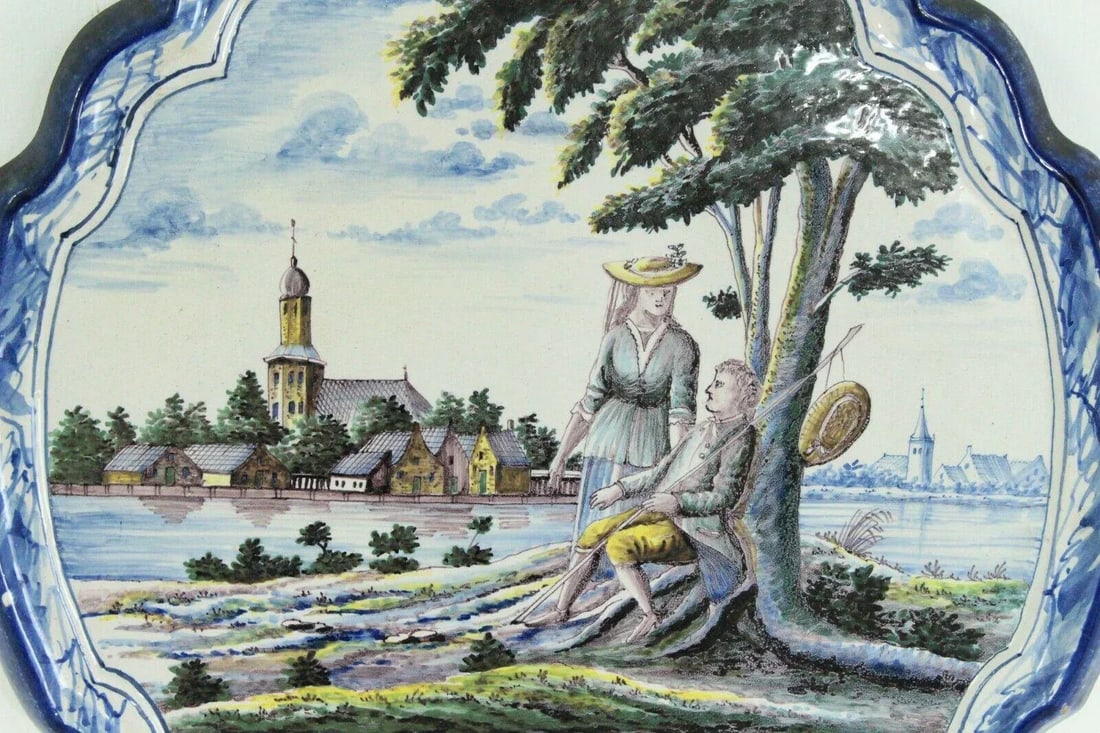 18th Century Dutch Delft Polychrome Faience Plaques Romantic Scene & Children - Set of 2 - 3