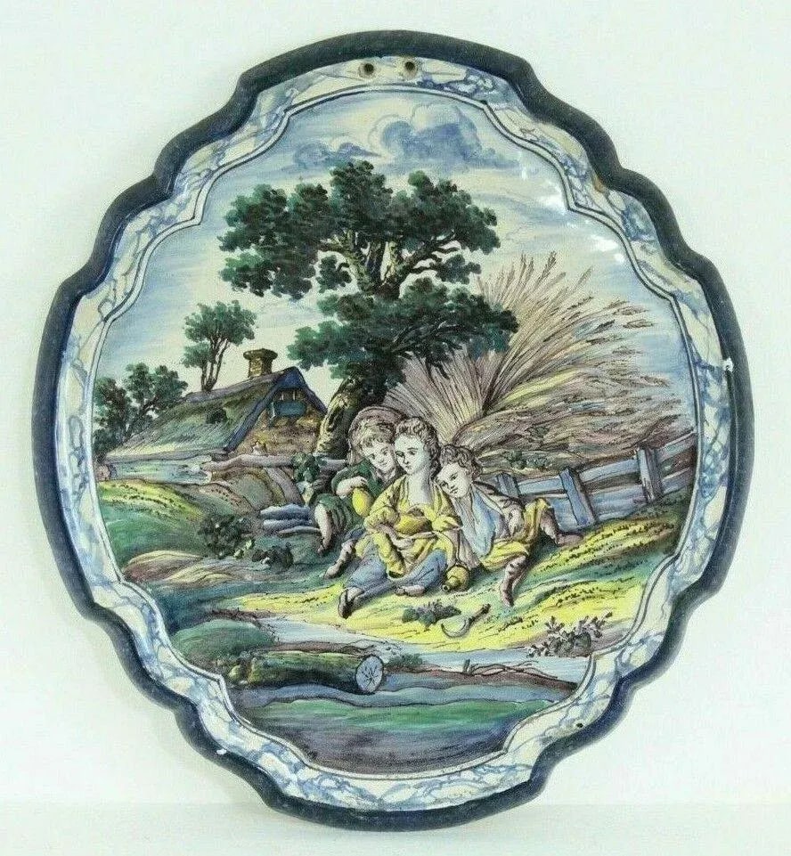 18th Century Dutch Delft Polychrome Faience Plaques Romantic Scene & Children - Set of 2 - 7