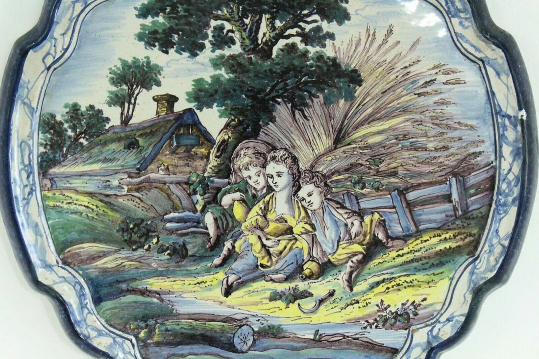 18th Century Dutch Delft Polychrome Faience Plaques Romantic Scene & Children - Set of 2 - 9