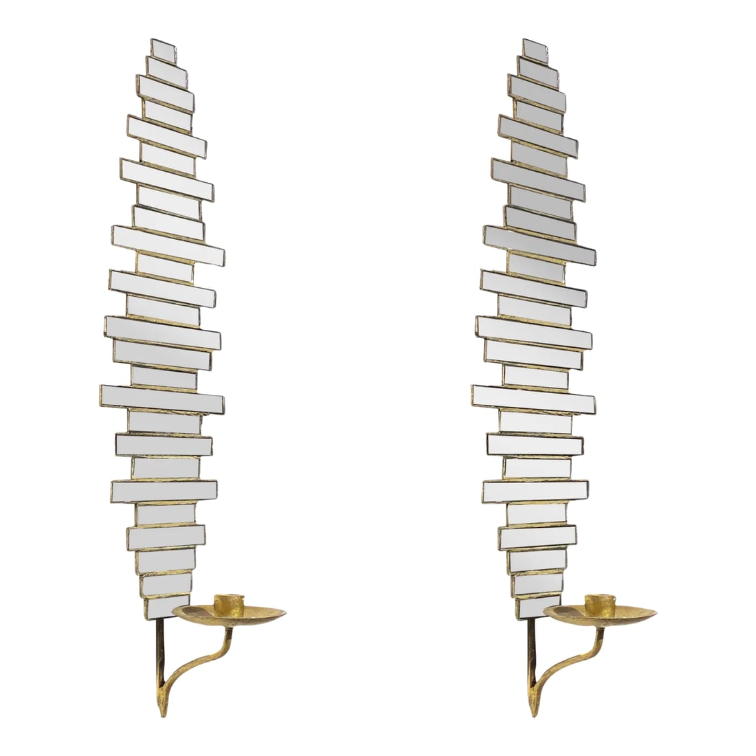 Mid-Century Modern Mirrored Glass Sconces - A Pair: Pair of very unusual Mid-Century Modern mirrored glass and gilt metal sconces. Condition: Alterations: Unknown Imperfections: Some Imperfections Condition Notes: Good Wear consistent with age and