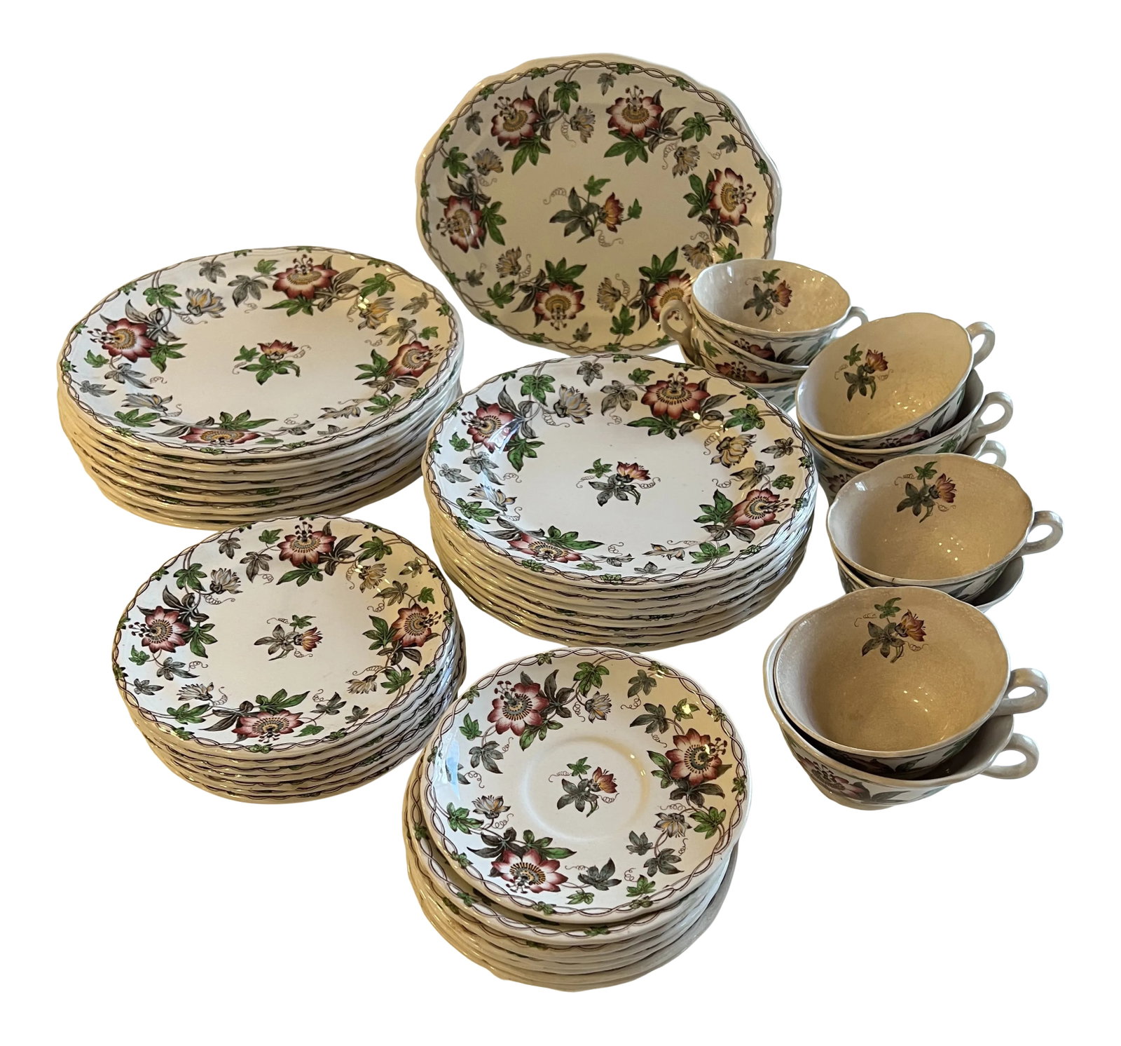 19th Century Circa 1860 English Minton Passion Flower Transfer Ware Dinnerware Set- 43 Pieces: Wonderful set of English 19thc Minton transfer ware. Passion Flower pattern. 43 pieces. 8 10.5" dinner plates; 8 9" salad plates; 7 7" bread and butter plates; 9 5.75" tea saucers; 10 teacups; 1 10" x