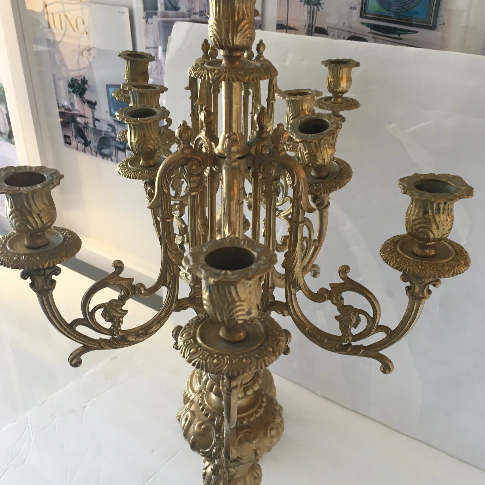 Vintage European Gold - Finished Solid Metal Candle Holders/ Candelabra, a Pair - 9
