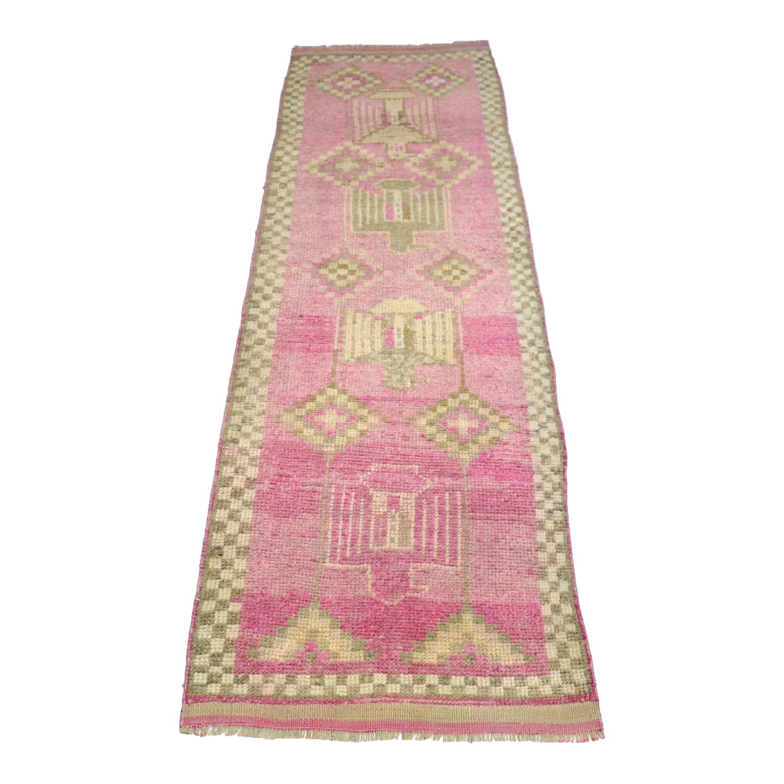 Vintage Pink Color Corridor Handmade Wool Runner: 1960s Handmade wool and cotton rug in Turkish Anatolia Carpet, Vintage Area Rug, Turkish Vintage Anatolian Rug, Handmade wool Rug. One Of Kind traditional Rug with perfect design and colors. Condition