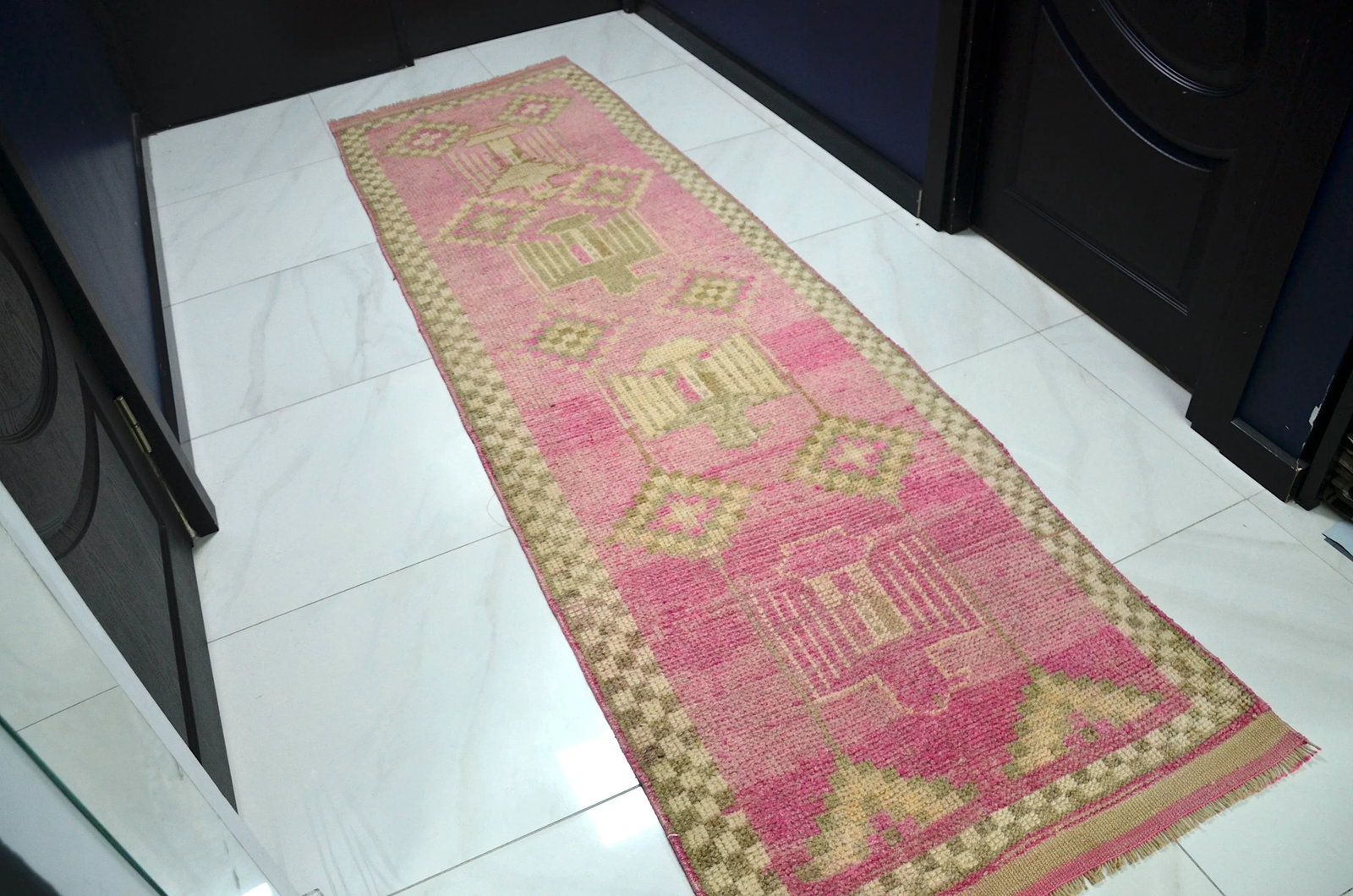 Vintage Pink Color Corridor Handmade Wool Runner - 2