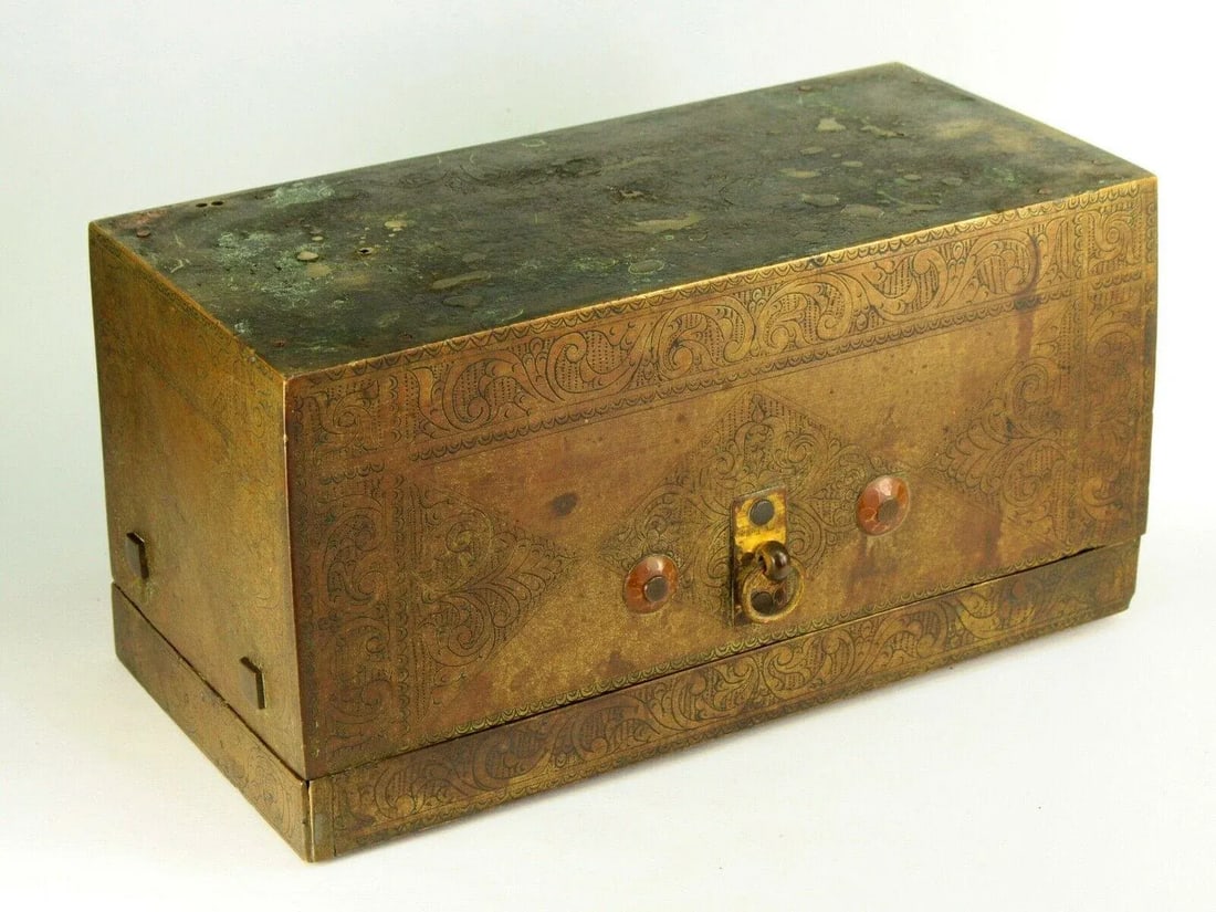 18th C. Chinese Brass Chest Box, Wood Lined - 11