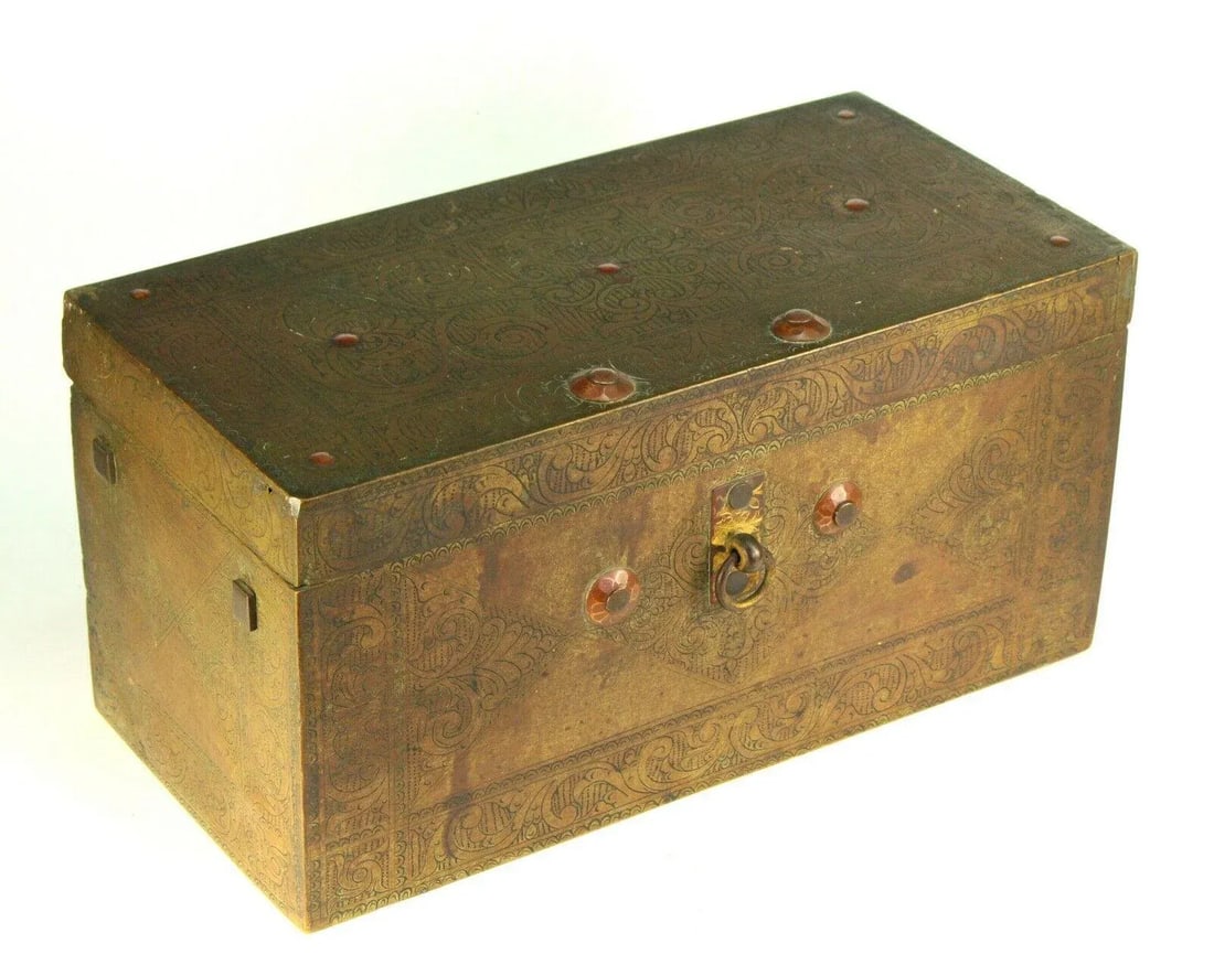 18th C. Chinese Brass Chest Box, Wood Lined - 13