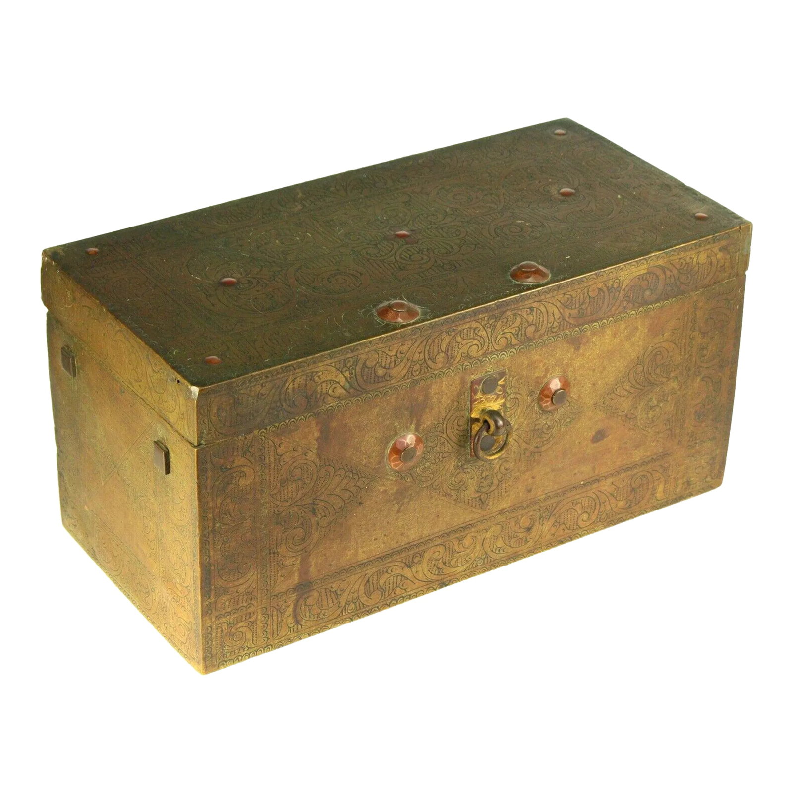 18th C. Chinese Brass Chest Box, Wood Lined: A very unique early Chinese chest A strong box; the body is from very thick and heavy brass or bronze or similar copper alloy Exotic wood, hard and dense is lining the inside Both building materials