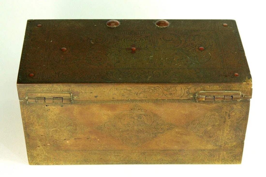 18th C. Chinese Brass Chest Box, Wood Lined - 4
