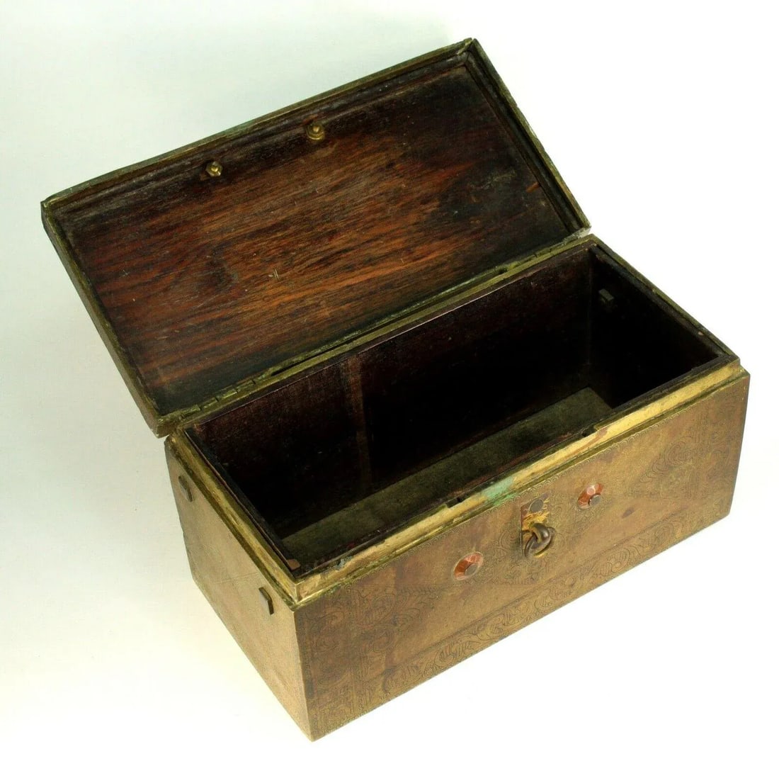 18th C. Chinese Brass Chest Box, Wood Lined - 5