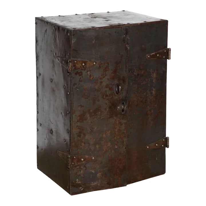 Two Door Industrial Riveted Steel Automotive Locking Tool Cabinet, Circa 1900: Early 20th Century Hand Constructed Steel Two Door Locking Mechanics Tool Cabinet. Featuring a rectangular form in riveted heavy gauge Steel, with four hinges, three interior shelves and overlapping