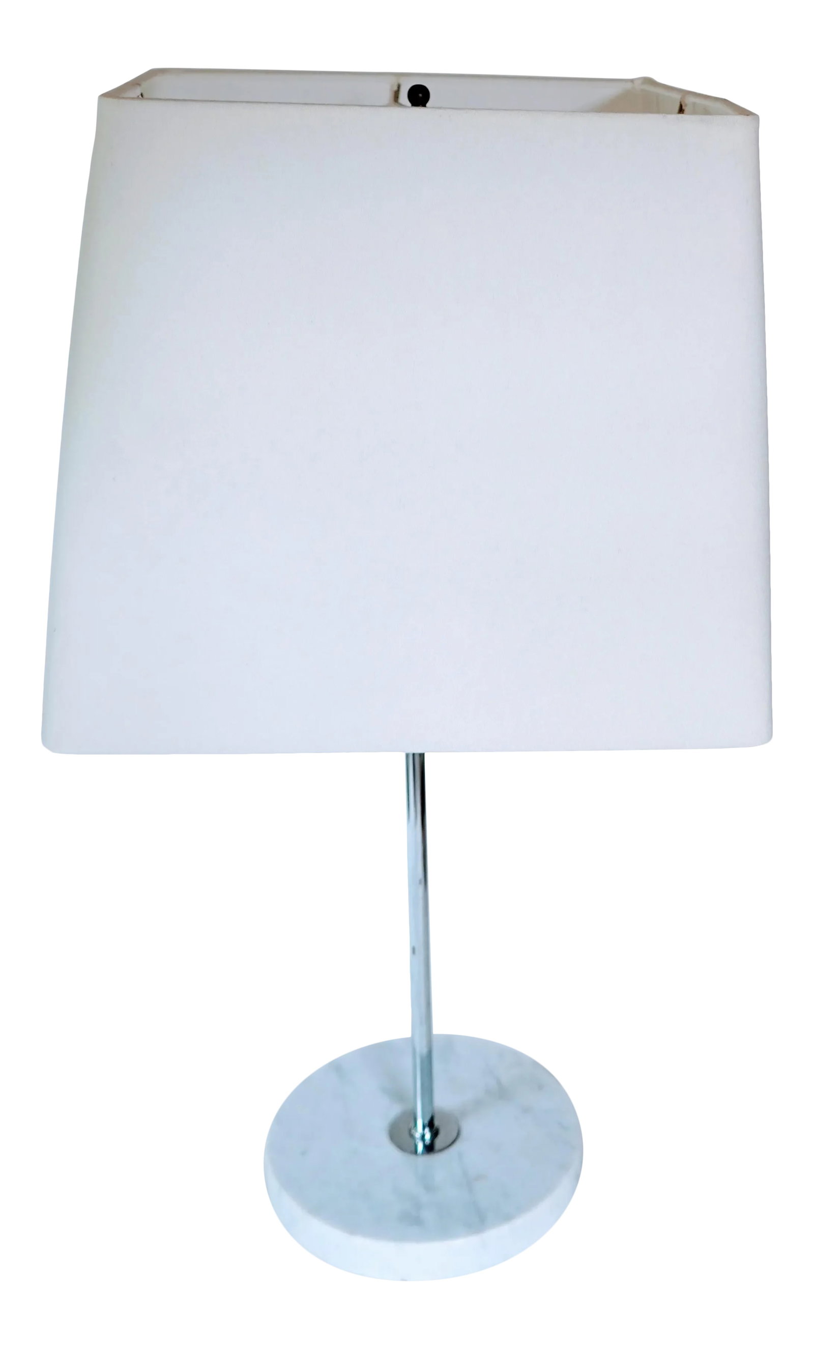 Vintage 1970s Mid-Century Modern Stilnovo Style Italian Marble and Chrome Table Lamp: Vintage Mid Century Modern table lamp in the style of Stilnovo. Features a round marble table base and a chrome column, topped with square linen shade. Elegant, minimalist design. Made in Italy stamp 