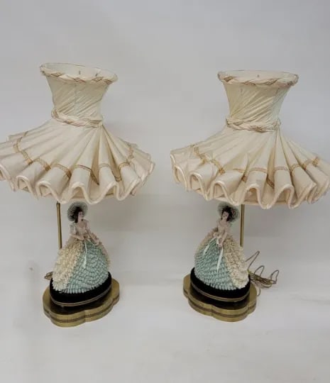 Early 20th Century Victorian Dresden Porcelain Lace Lady Boudoir Lamps - Pair - 10