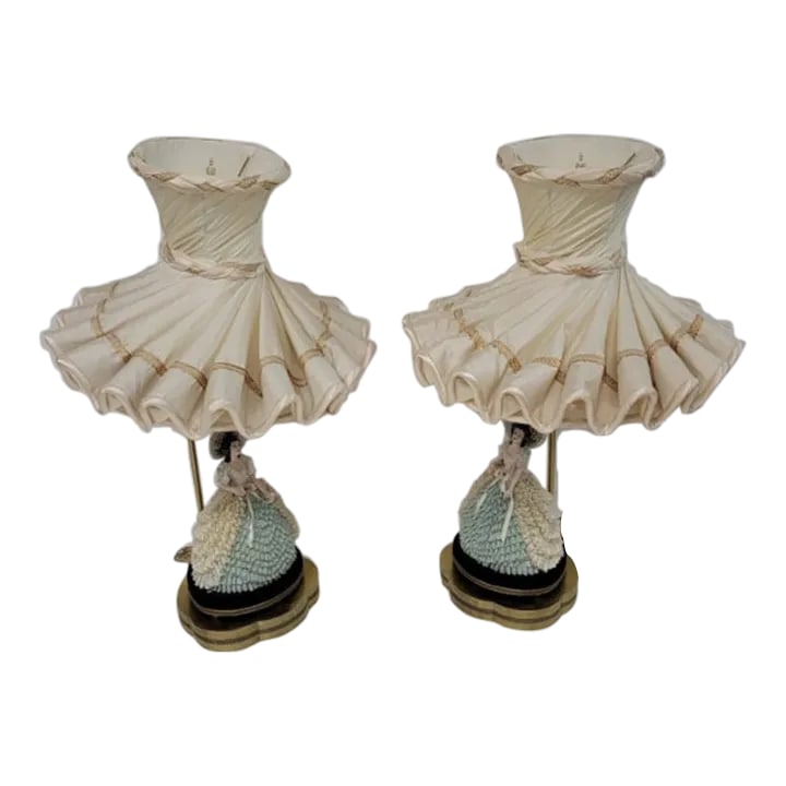 Early 20th Century Victorian Dresden Porcelain Lace Lady Boudoir Lamps - Pair (1 of 11)
