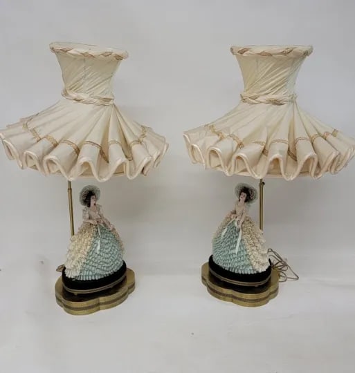Early 20th Century Victorian Dresden Porcelain Lace Lady Boudoir Lamps - Pair - 2