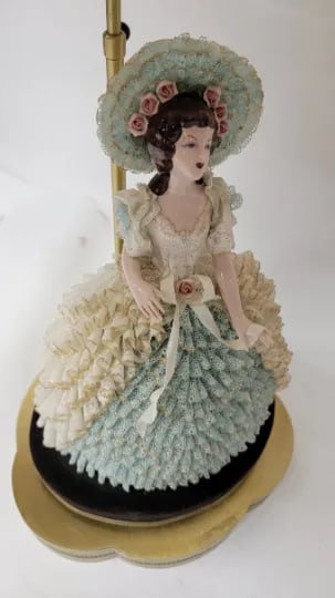 Early 20th Century Victorian Dresden Porcelain Lace Lady Boudoir Lamps - Pair - 3