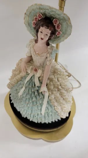 Early 20th Century Victorian Dresden Porcelain Lace Lady Boudoir Lamps - Pair - 5