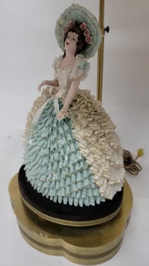 Early 20th Century Victorian Dresden Porcelain Lace Lady Boudoir Lamps - Pair - 6