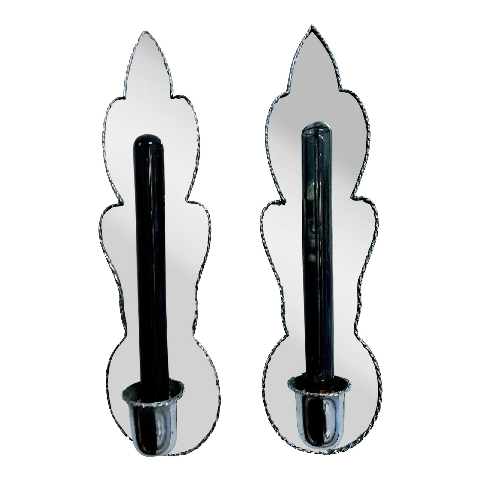 Mid-Century French Sconces in Metal Chrome - a Pair: Important Pair of Metal Sconces with fine decorative edges ...ready to be hang with new bulbs as Industrial look Condition: Alterations: Original Condition Unaltered Imperfections: Some Imperfections 