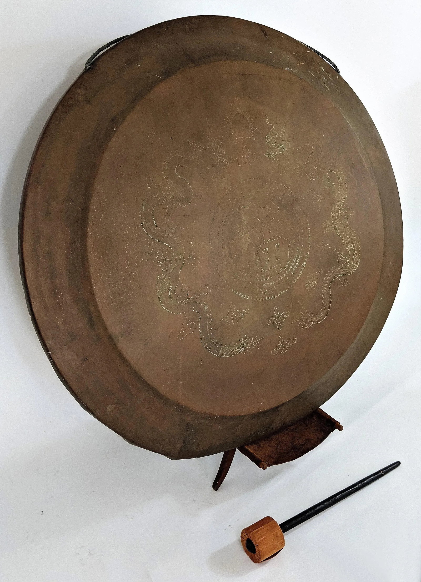 Vintage Brass Gong With Etched Dragons on a Wooden Stand With a Mallet - 13