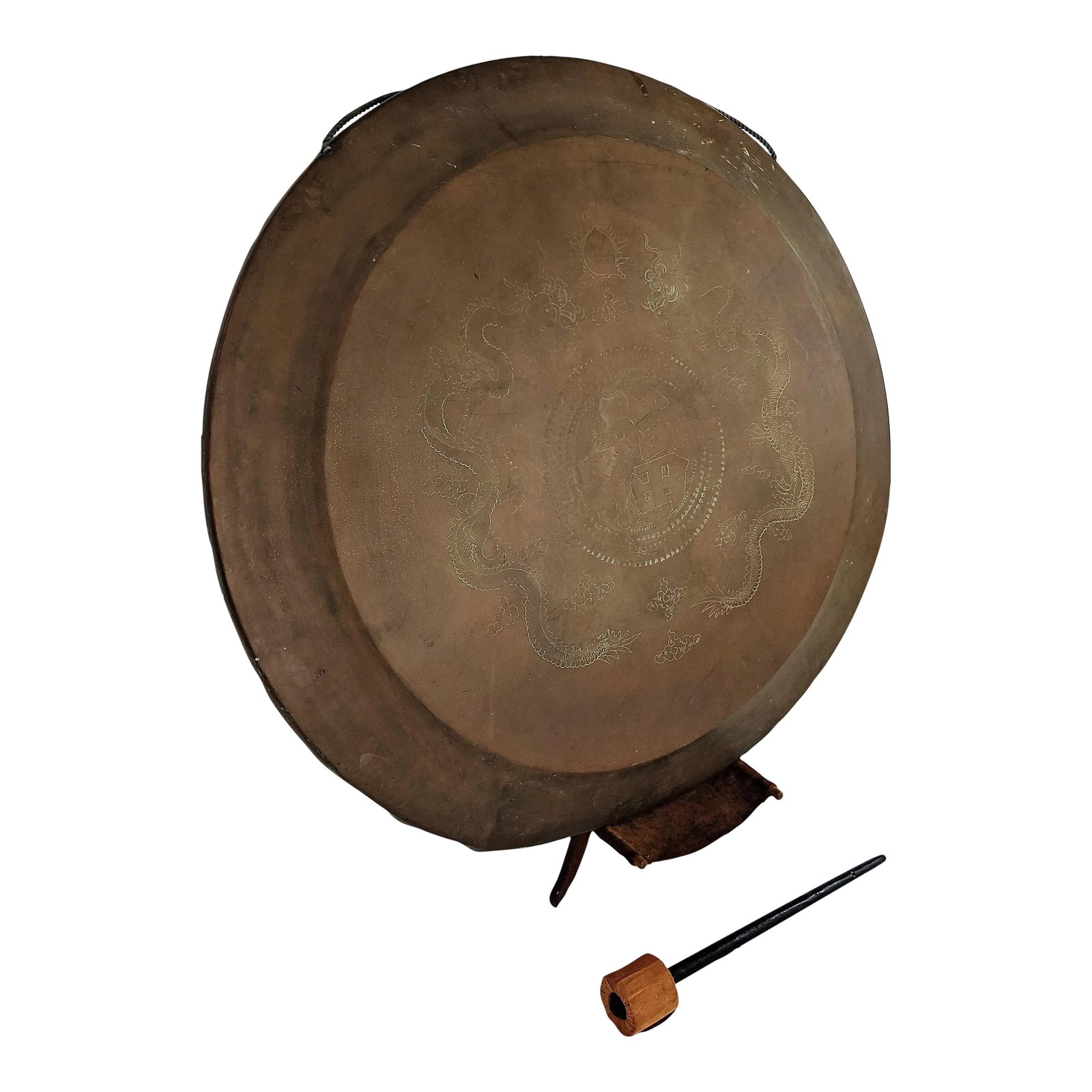 Vintage Brass Gong With Etched Dragons on a Wooden Stand With a Mallet: Vintage early 20th Century 2 Dragons etched on brass Gong with mallet. The Gong has some dents and scratches as seen on images. The mallet has a fabric surface which has wear consistent with age and