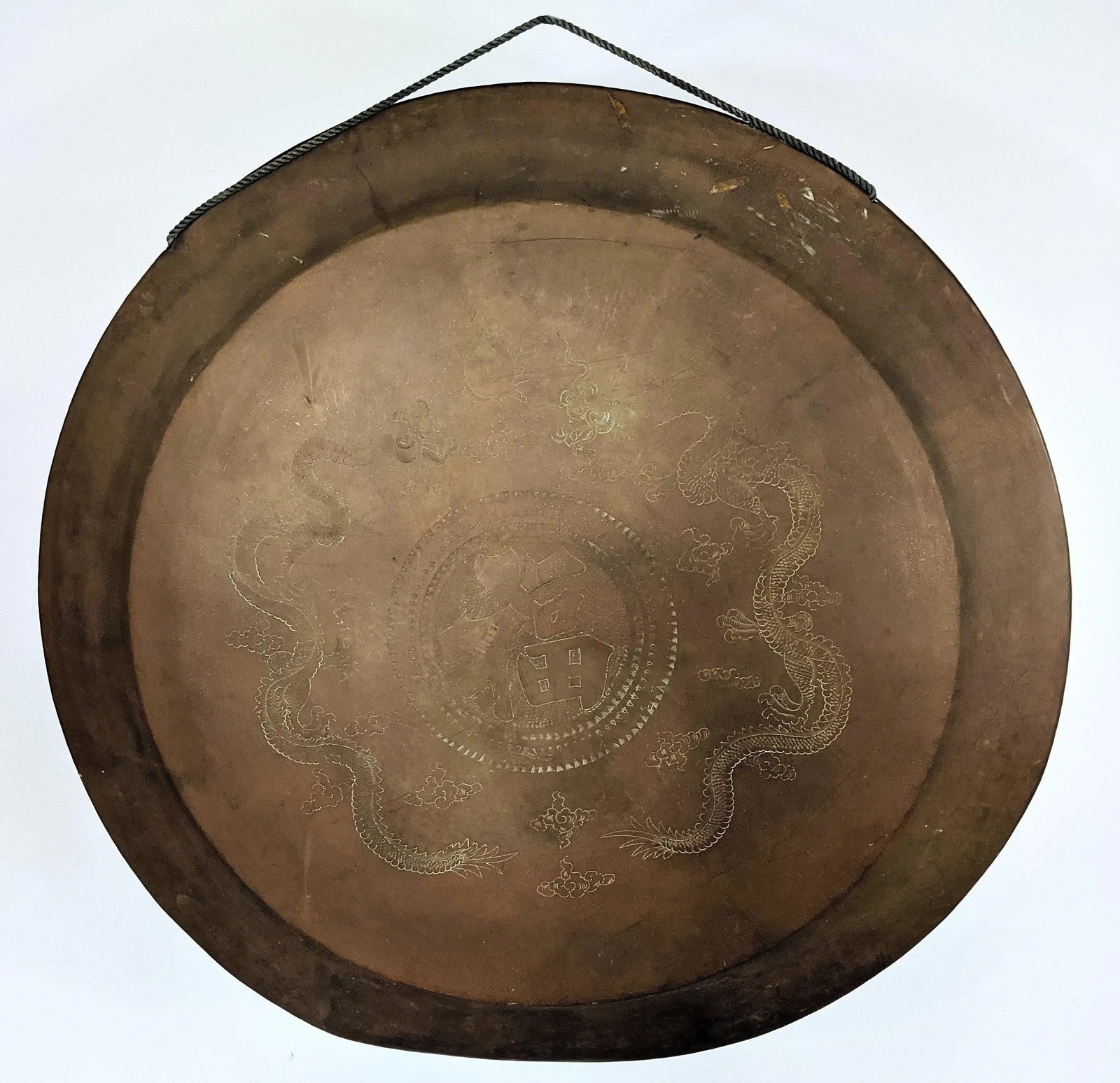 Vintage Brass Gong With Etched Dragons on a Wooden Stand With a Mallet - 2