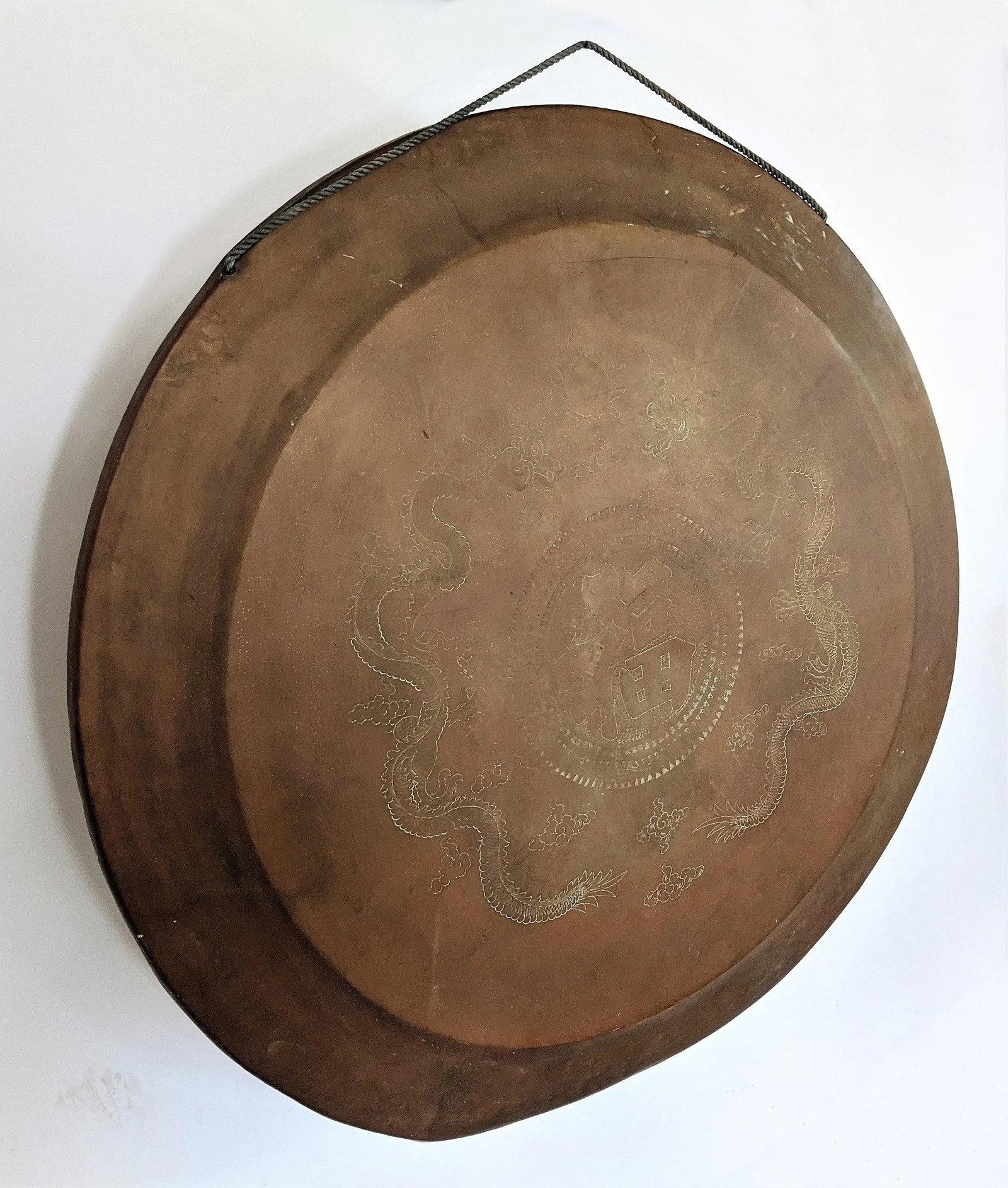 Vintage Brass Gong With Etched Dragons on a Wooden Stand With a Mallet - 3