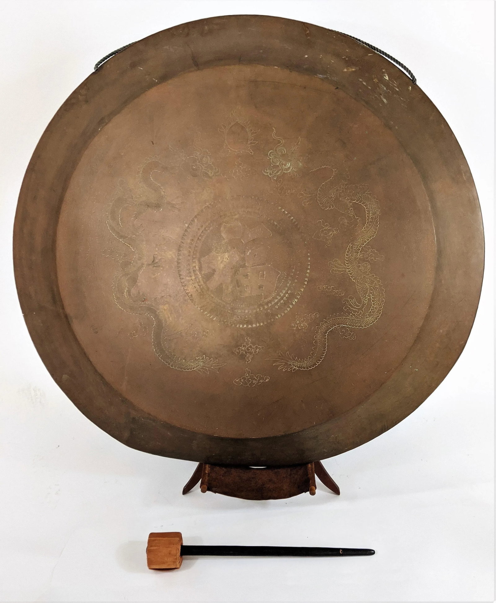 Vintage Brass Gong With Etched Dragons on a Wooden Stand With a Mallet - 4