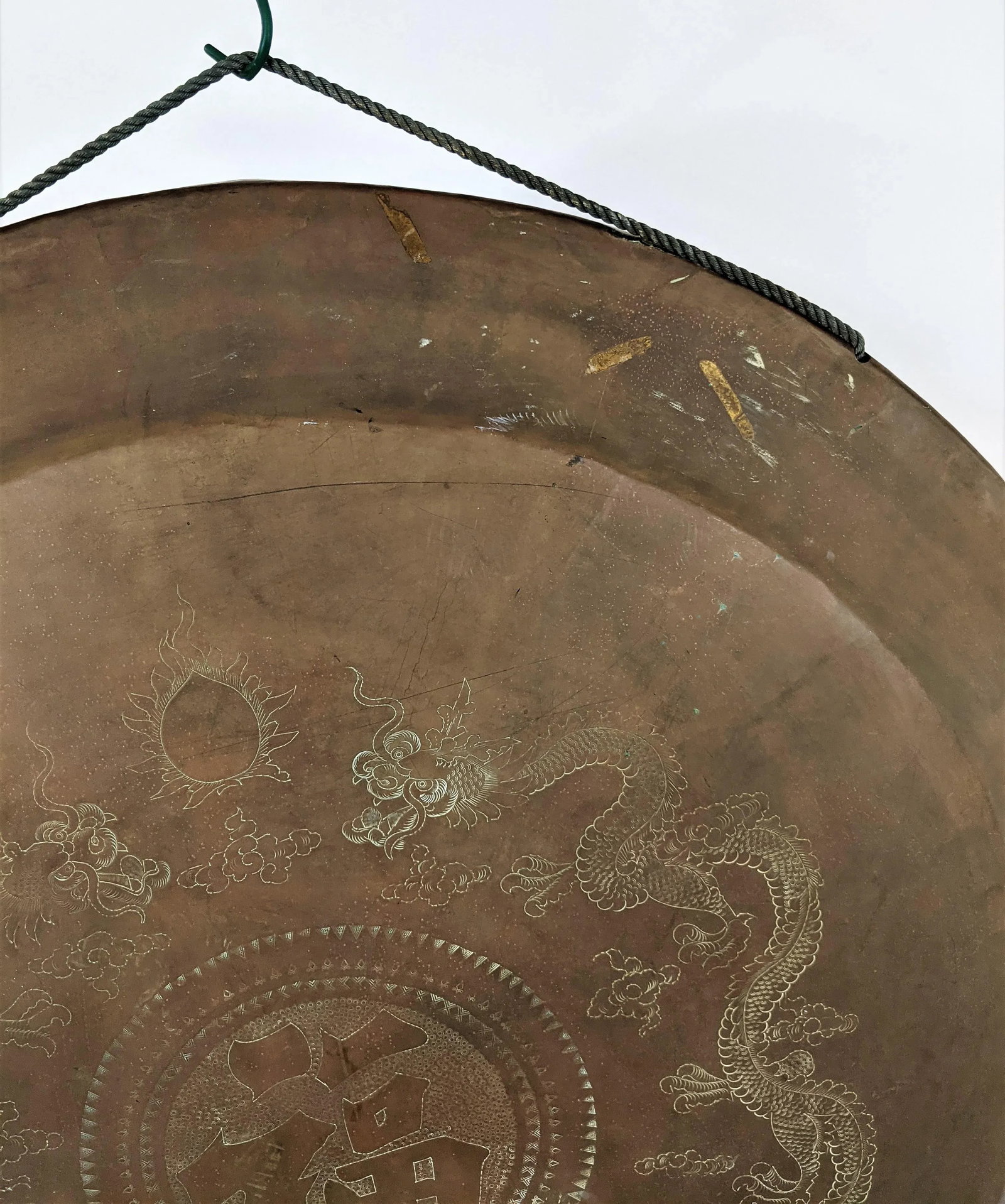 Vintage Brass Gong With Etched Dragons on a Wooden Stand With a Mallet - 9