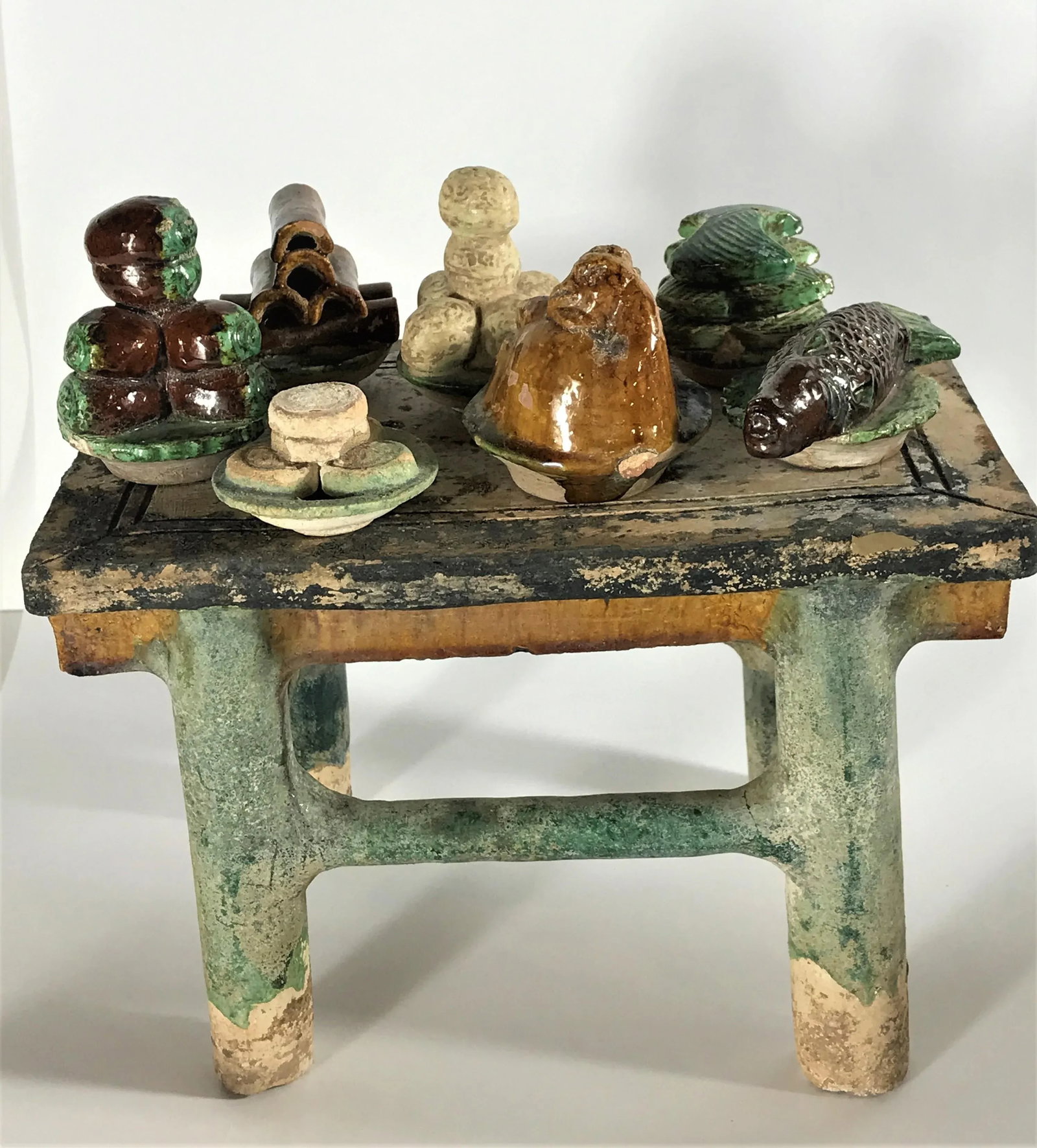 Painted Pottery Altar Table With Food and Wine Offerings From the Ming Dynasty - 8 Piece Set - 13