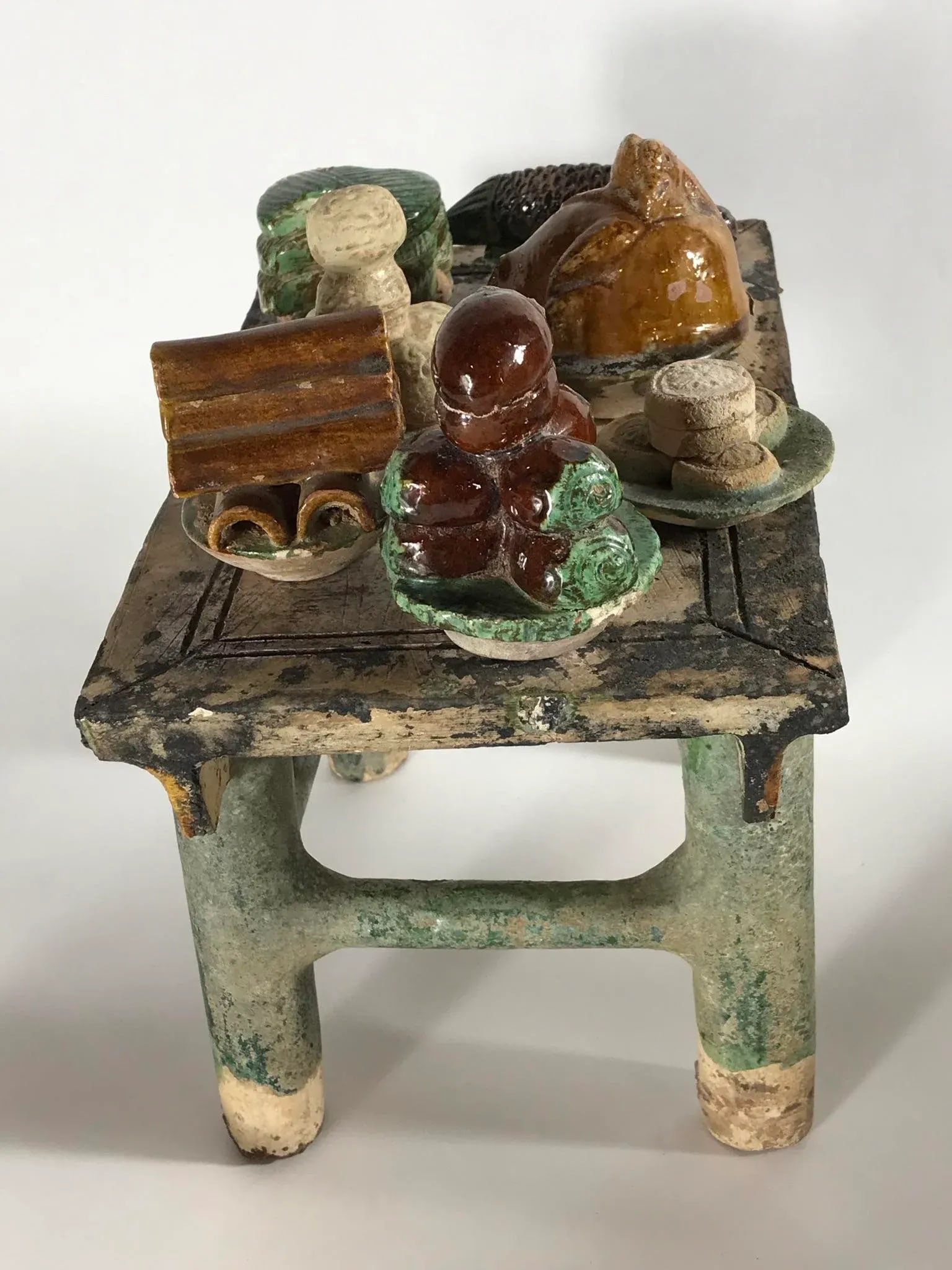 Painted Pottery Altar Table With Food and Wine Offerings From the Ming Dynasty - 8 Piece Set - 2
