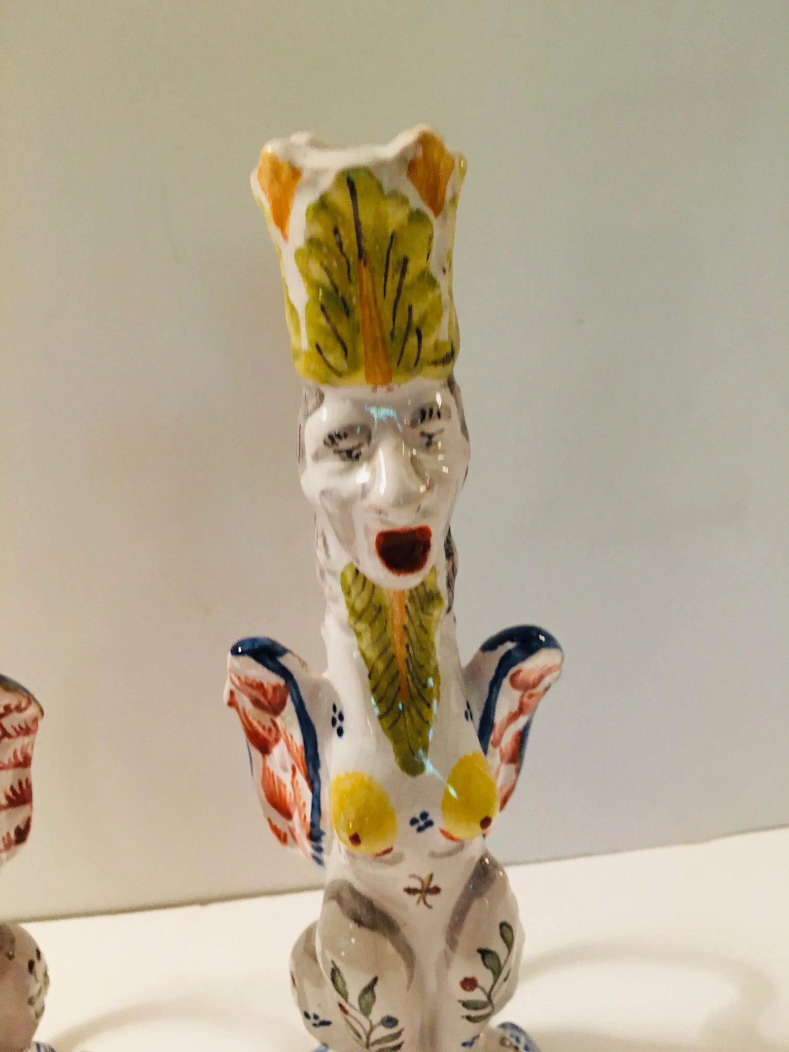 French Faience Figural Gothic Revival Style Candle Sticks - a Pair - 11