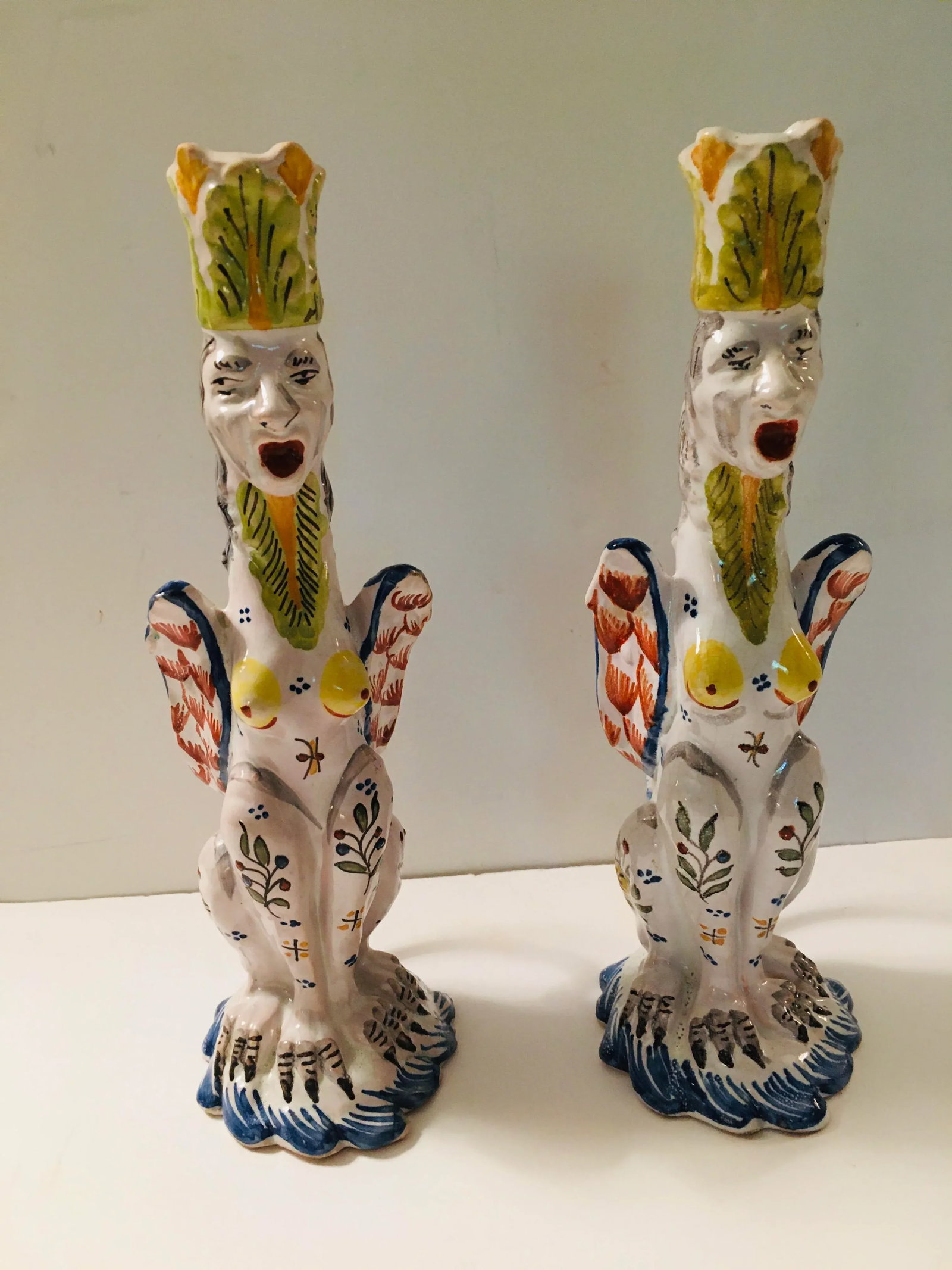 French Faience Figural Gothic Revival Style Candle Sticks - a Pair - 12