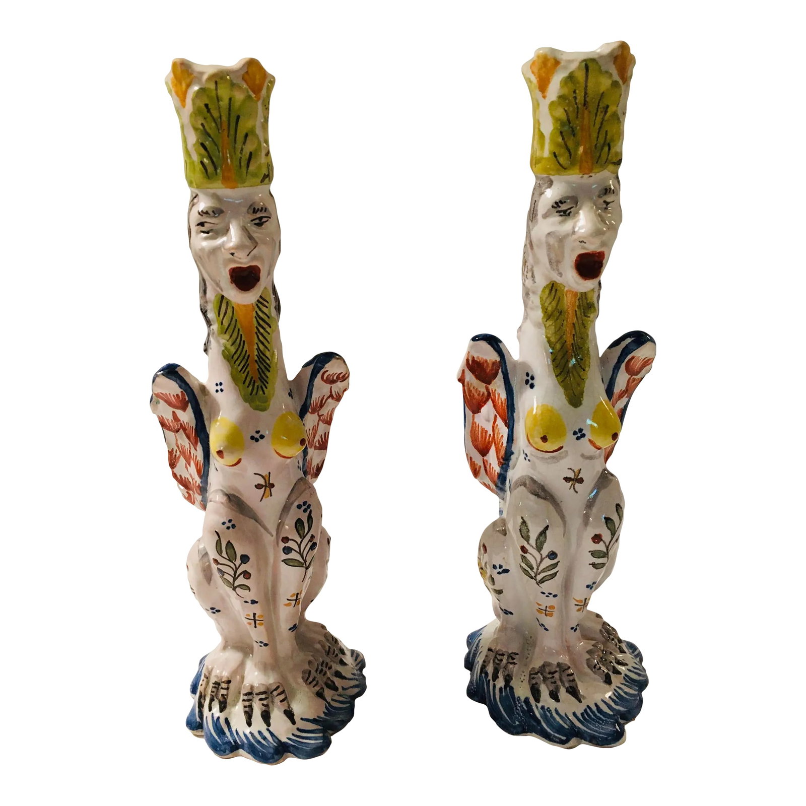 French Faience Figural Gothic Revival Style Candle Sticks - a Pair: This pair of figural hand painted candle sticks are from Rouen The style is Gothic Revival Signed Birks Paris Birks is a high end jewelry store Think gargoyles and other creatures found in Gothic