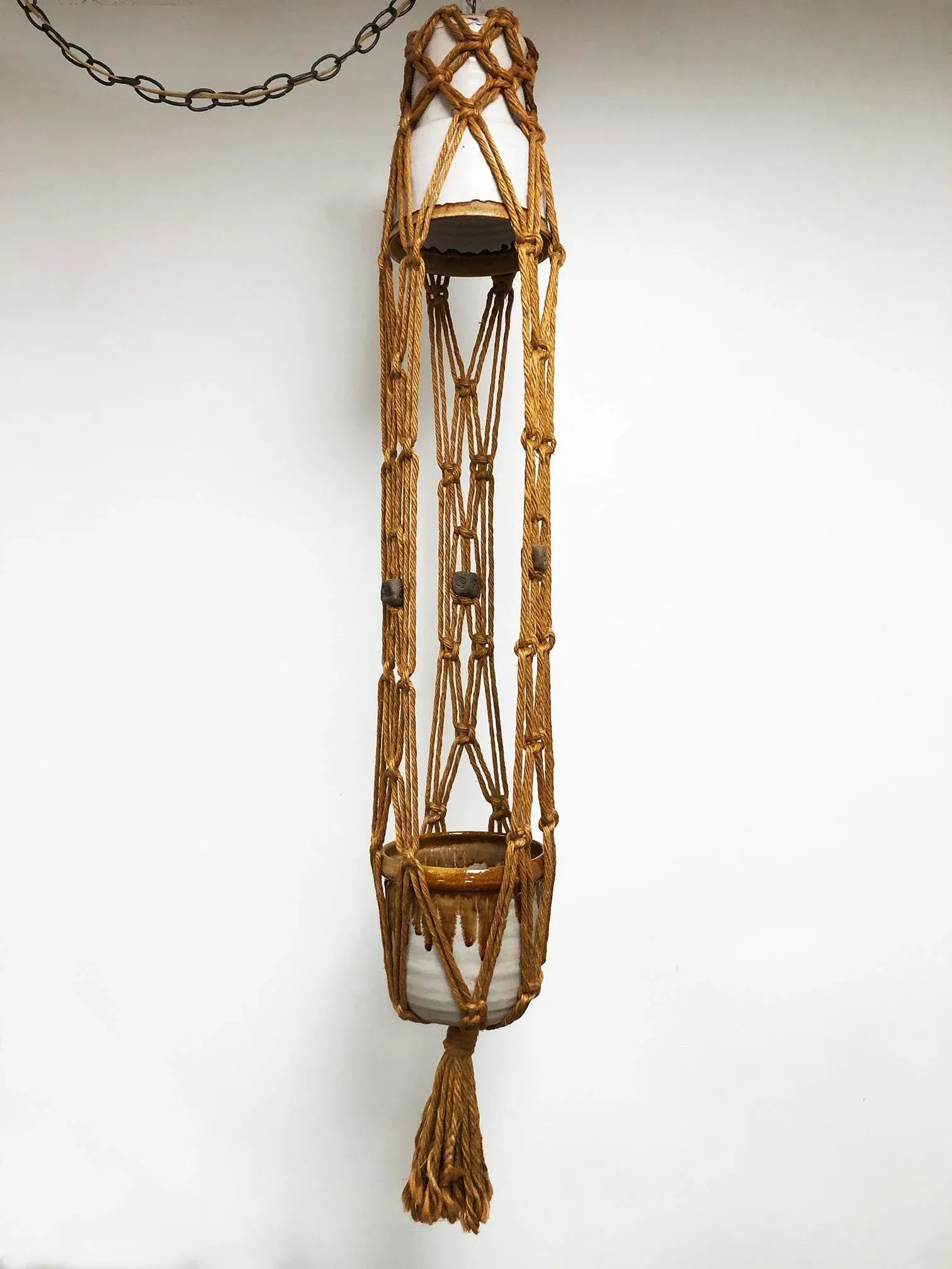 Vintage Jute Macrame and Ceramic Pot + Pendant Light, 1960-70s - 12