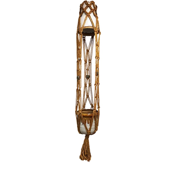Vintage Jute Macrame and Ceramic Pot + Pendant Light, 1960-70s: Looks like you are missing something special in that corner of the room. This fabulous boho-chic or mid-century modern jute + ceramic ceiling-mounted planter/pendant might just be what you need. This
