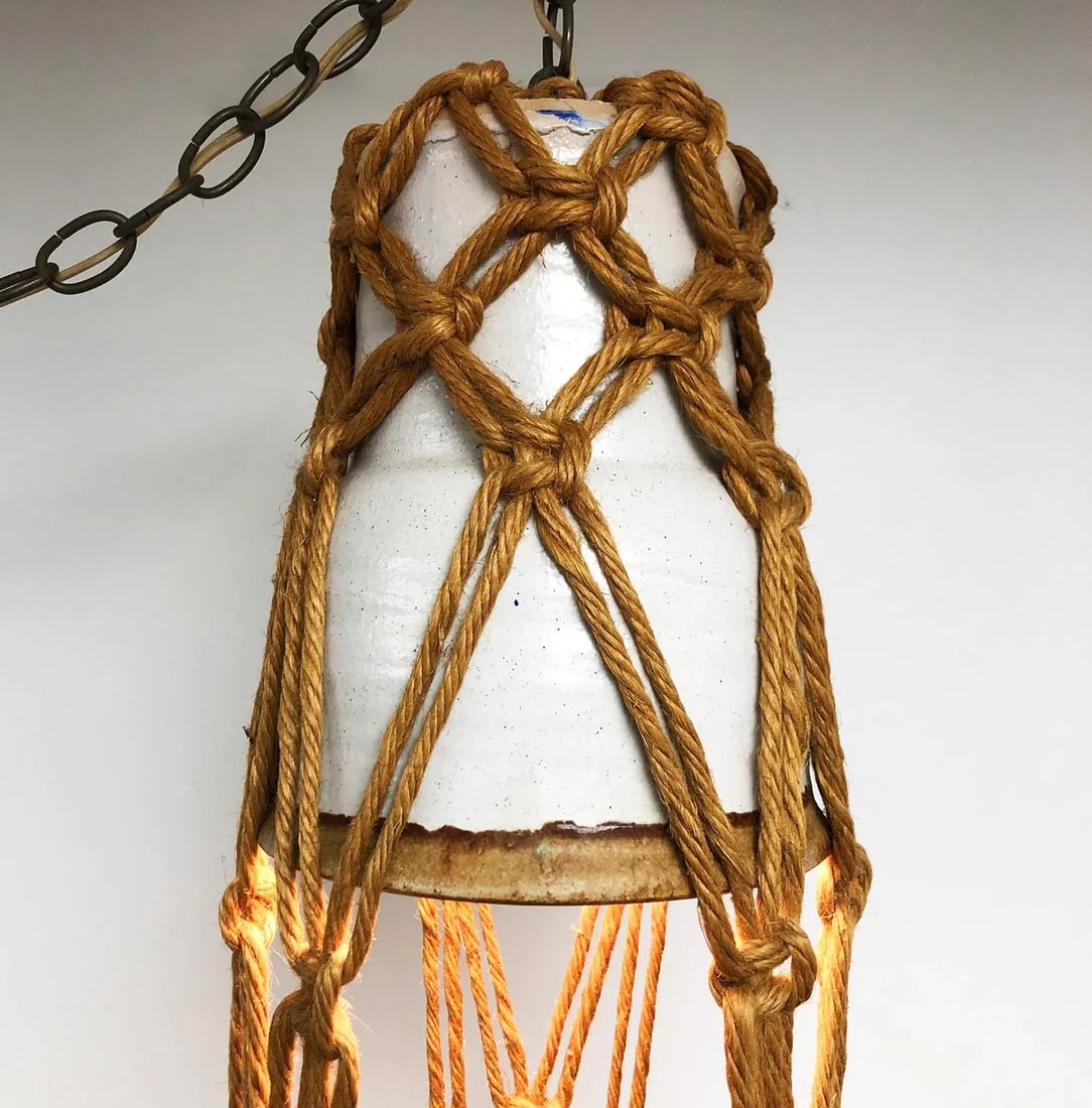 Vintage Jute Macrame and Ceramic Pot + Pendant Light, 1960-70s - 3