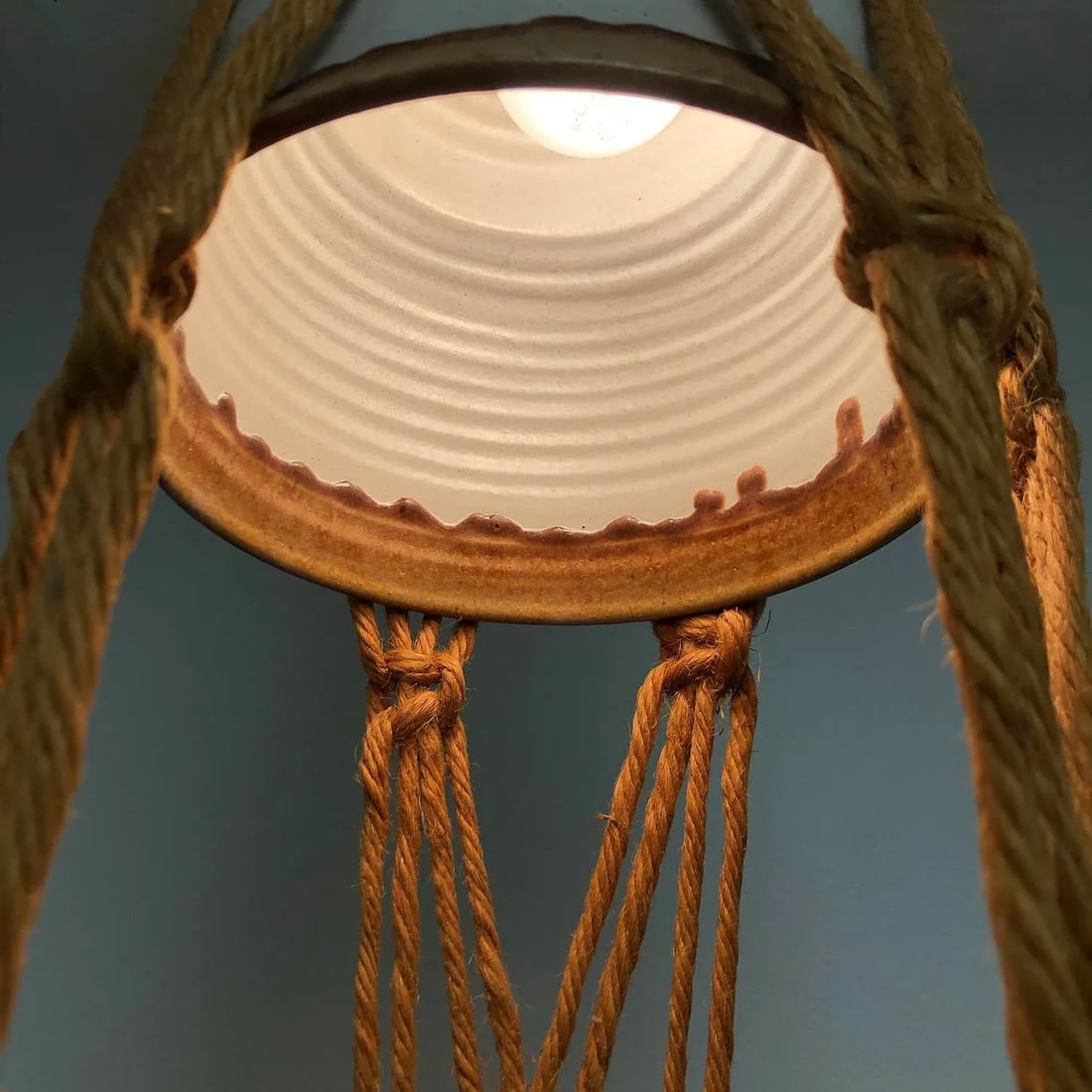 Vintage Jute Macrame and Ceramic Pot + Pendant Light, 1960-70s - 4