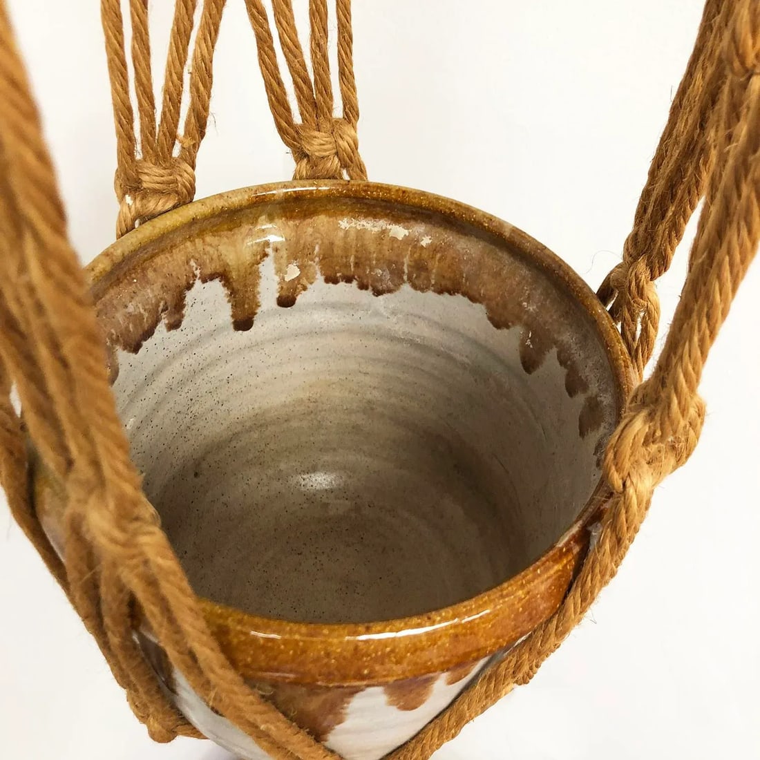 Vintage Jute Macrame and Ceramic Pot + Pendant Light, 1960-70s - 7