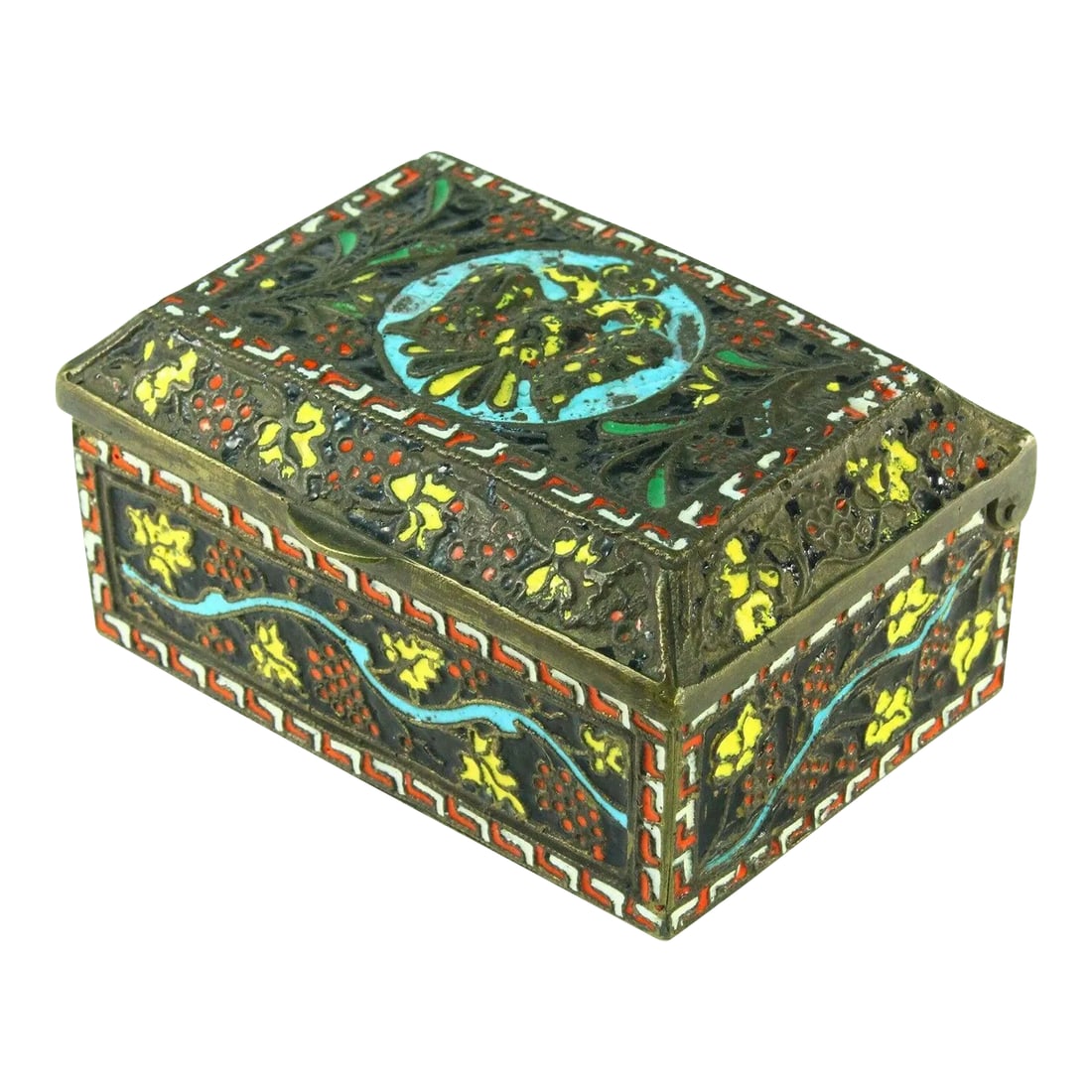 1800's Greek Celled Constantinople Patriarchate Enamel Bronze Box: An outstanding antique box, made of thick bronze with intricate celled enamel ornamentation Displays the Double-Headed Eagle - Coat of arms of the Greek Orthodox Church of Constantinople (Ecumenical