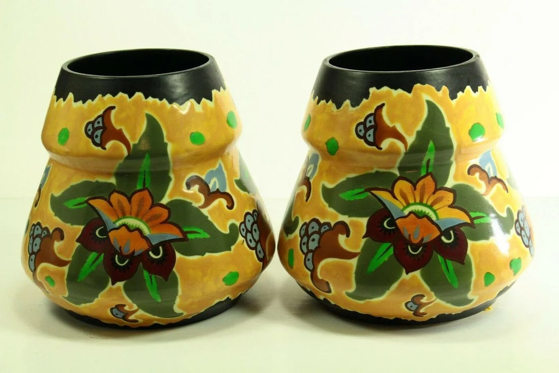 1920s Art Deco Studio Pottery Vases Made in Czechoslovakia- a Pair - 13
