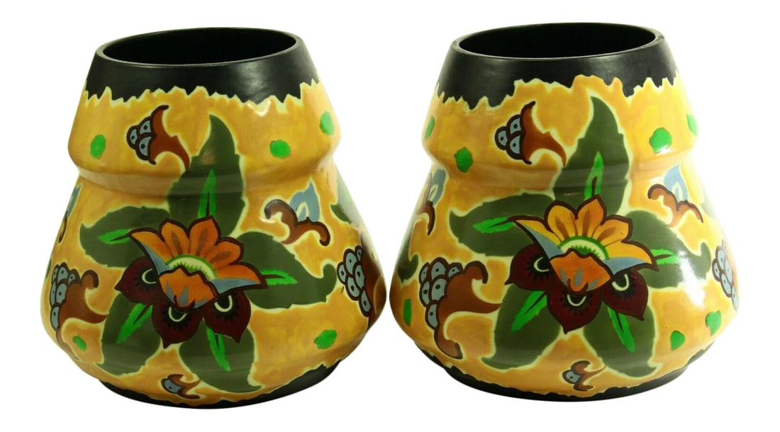 1920s Art Deco Studio Pottery Vases Made in Czechoslovakia- a Pair: An amazing pair of large studio pottery vases Organic shape with stunning Art Deco style decoration Floral designs in subdued Earth tones: ochre, orange, green maroon, blue and black The big flower