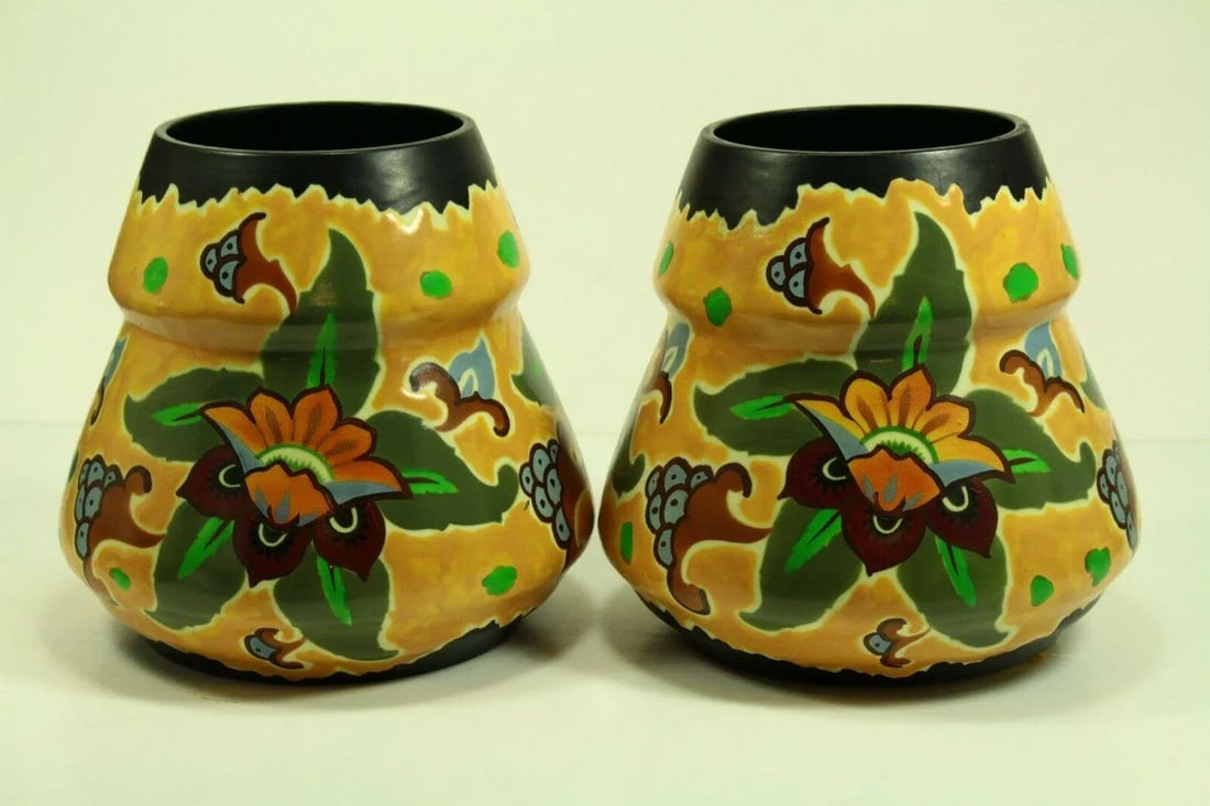 1920s Art Deco Studio Pottery Vases Made in Czechoslovakia- a Pair - 2