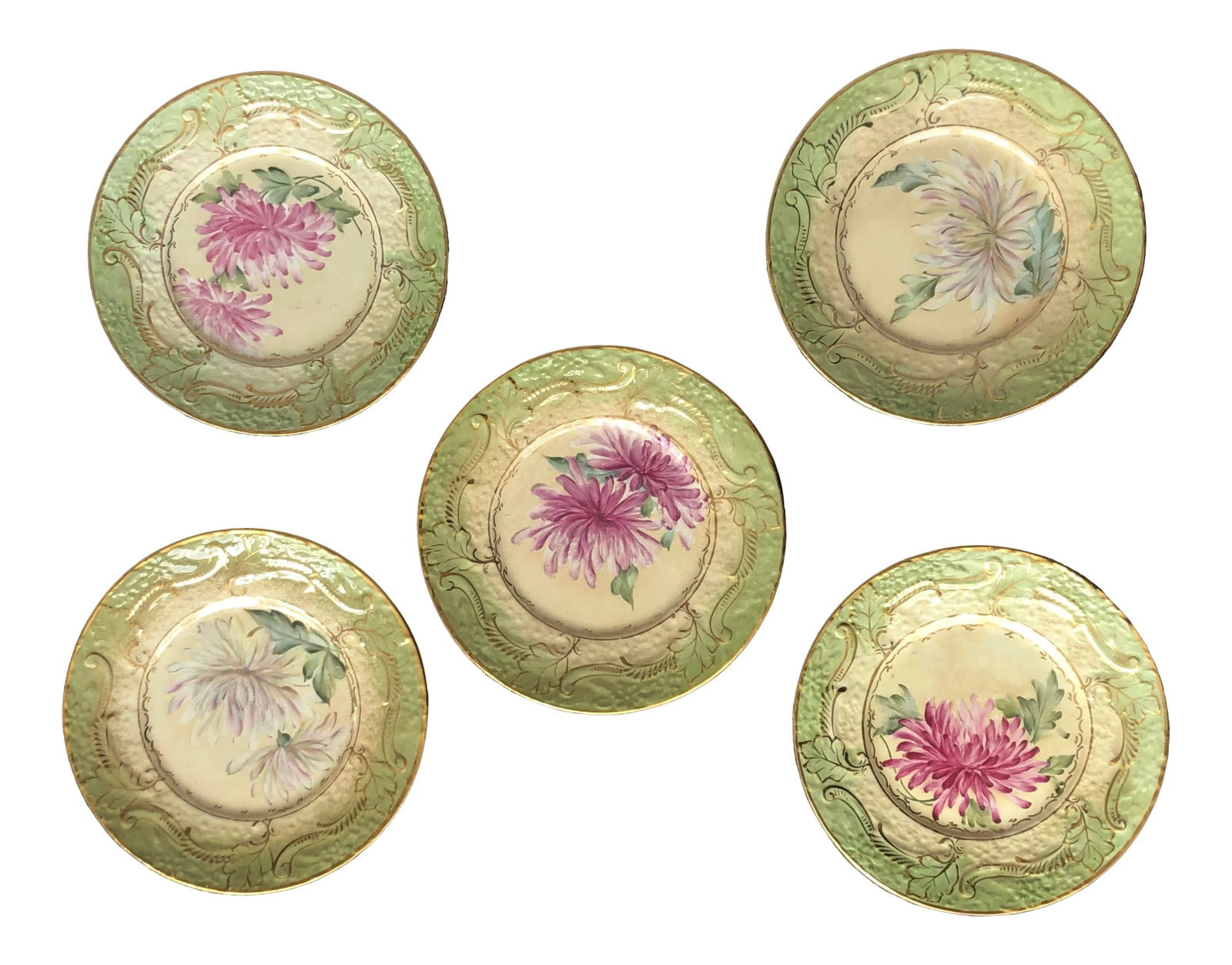 Antique Late 19th Century Decorative Floral Plates - Set of 5: Display this beautiful set of antique porcelain china plates in a breakfront or hutch, or use them as wall hangings in a dining room. You can even use them to serve a special dessert! Each vintage