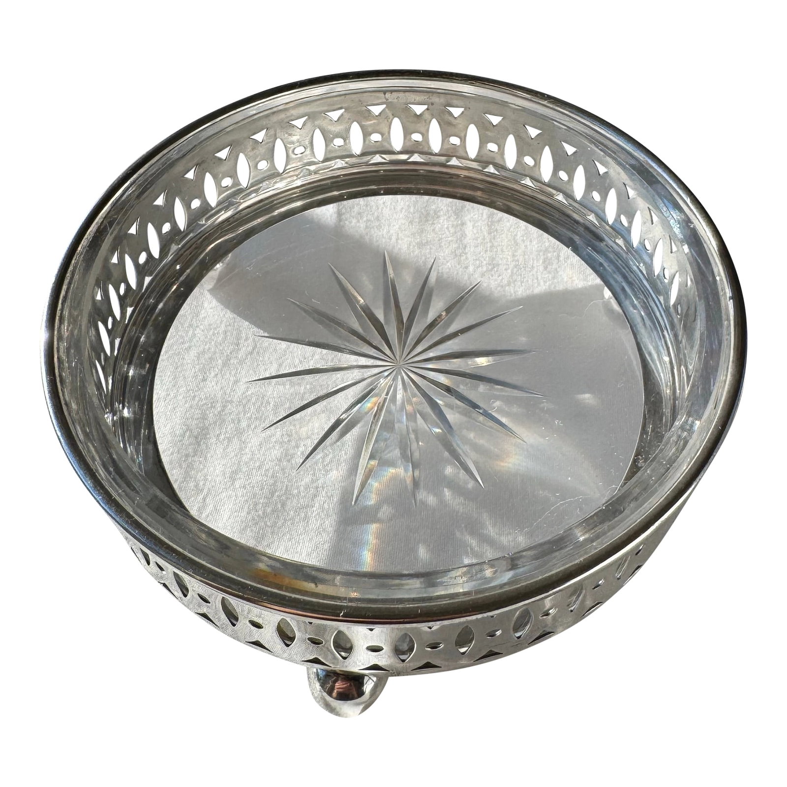 Antique Sterling Silver Pierced Bowl With Glass Insert, Marked 200sd: An elegant sterling silver pierced bowl, marked "200SD," featuring an intricate openwork gallery and fitted clear glass insert. The delicate reticulated design adds depth and refinement, while the