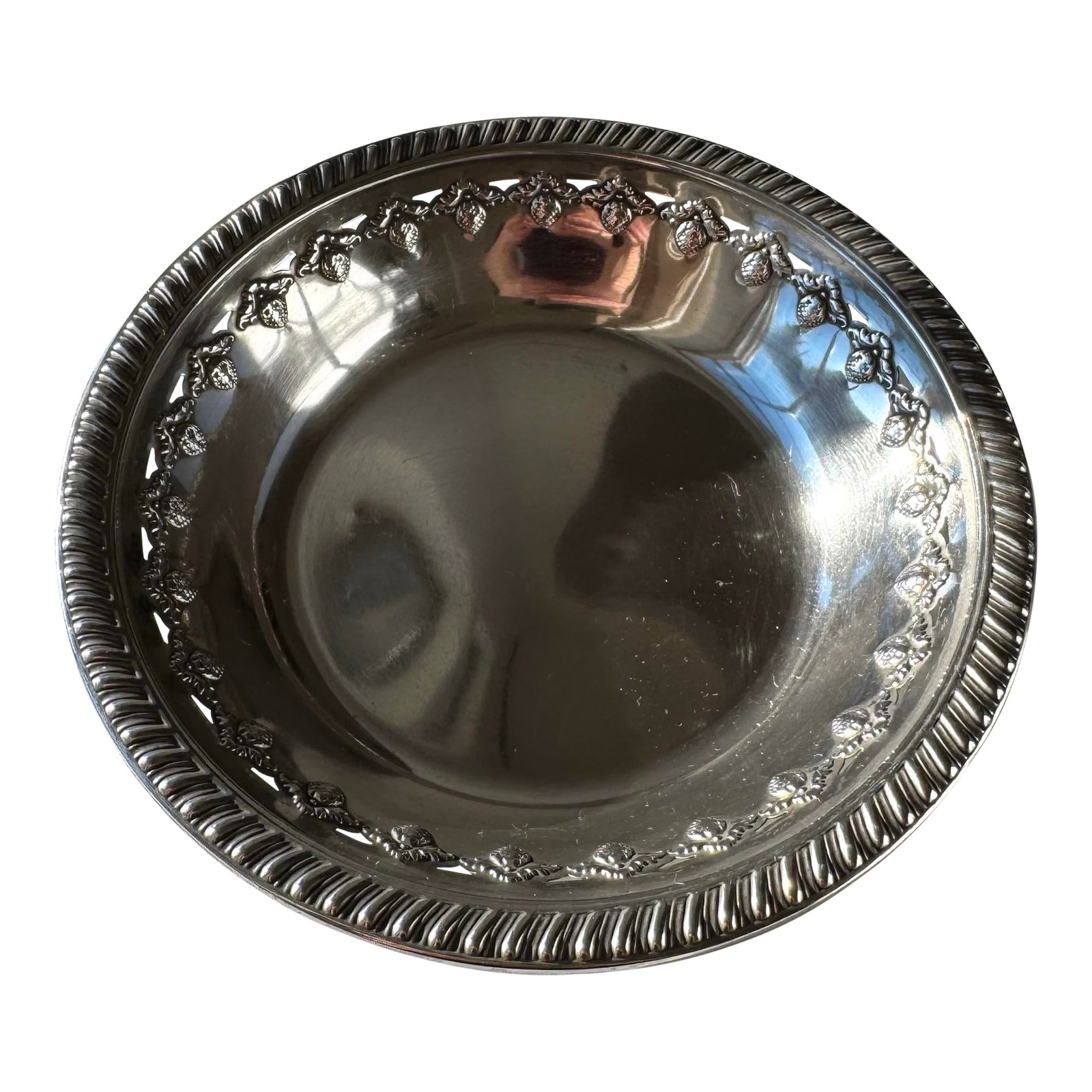 Mid 20th Century Reed & Barton X473 Sterling Silver Bowl With Floral Repousse Rim: An authentic Reed & Barton sterling silver bowl in the X473 pattern, distinguished by an elegantly detailed floral and gadrooned rim. Crafted in fine American sterling silver, this piece reflects the