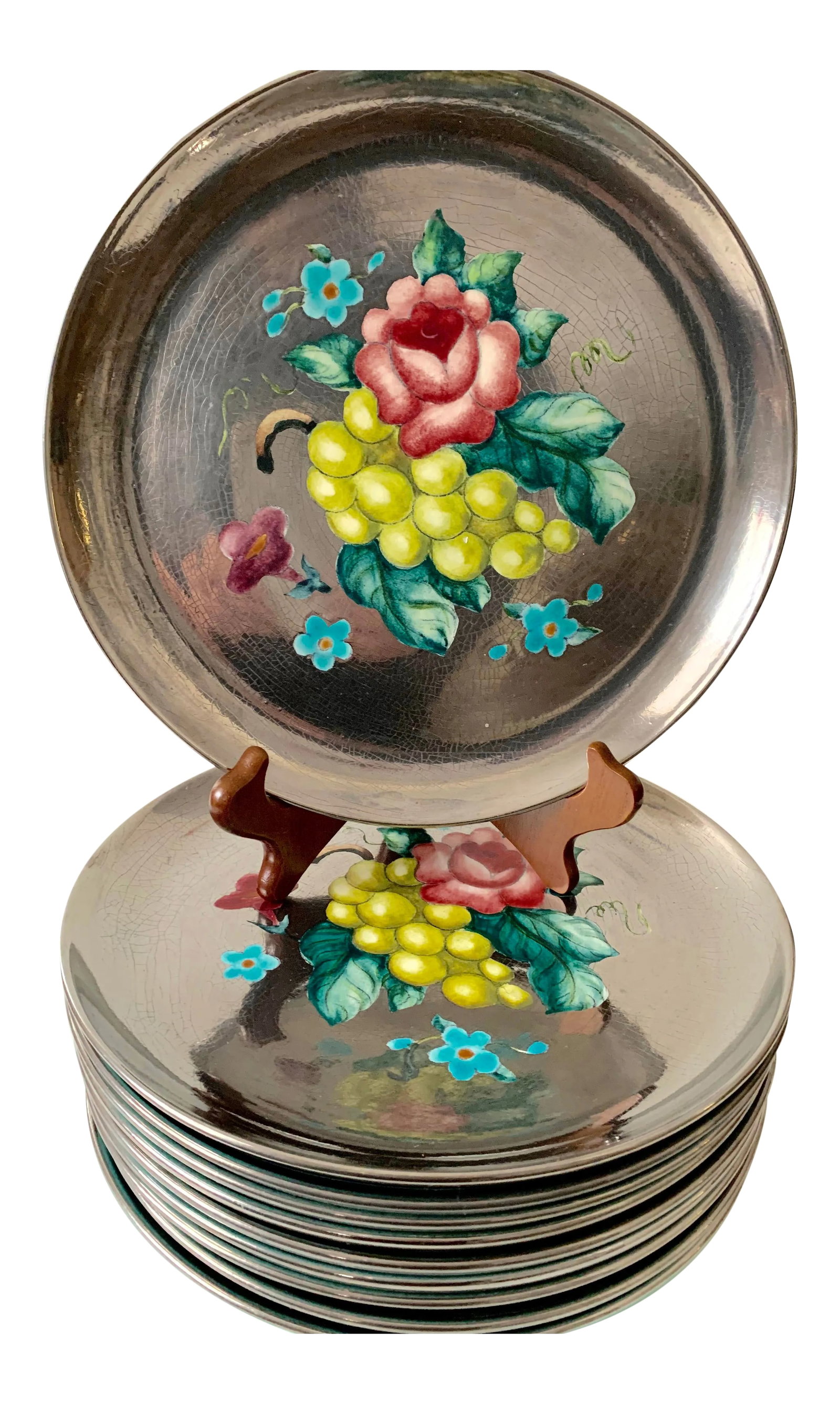 Handpainted Floral Dinner Plates by Edith Cockcroft - Set of 10: This set of 10 handpainted floral dishes are set on a metallic platinum silver ceramic backdrop and a turquoise underside. All are signed Cockcroft on the base. Edith Cockcroft was an incredibly
