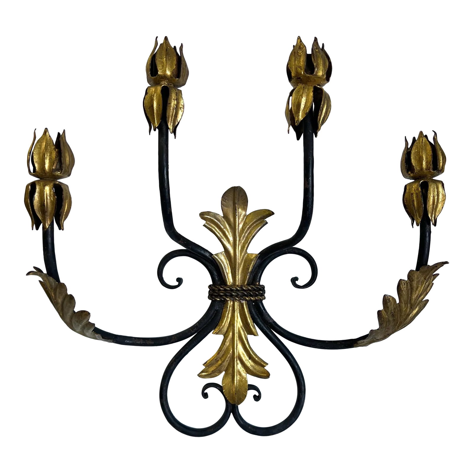 Vintage Fleur De Lis Gilt Iron Candle Wall Sconce: Vintage iron and gilt fleur de lis and acanthus 4 arm candelabra 4 arm wall sconce. Welcome to Solid Gold Velvet Interiors! We are so happy to have you. We are a small curated shop in Charleston, Sc.