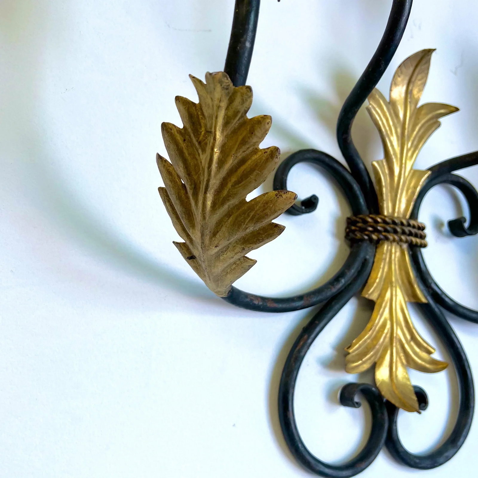 Vintage Fleur De Lis Gilt Iron Candle Wall Sconce - 2