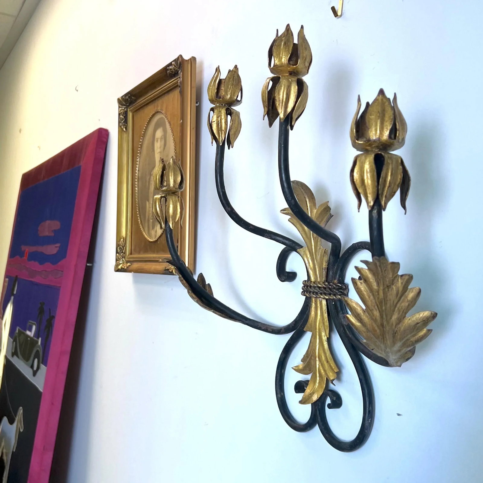 Vintage Fleur De Lis Gilt Iron Candle Wall Sconce - 5